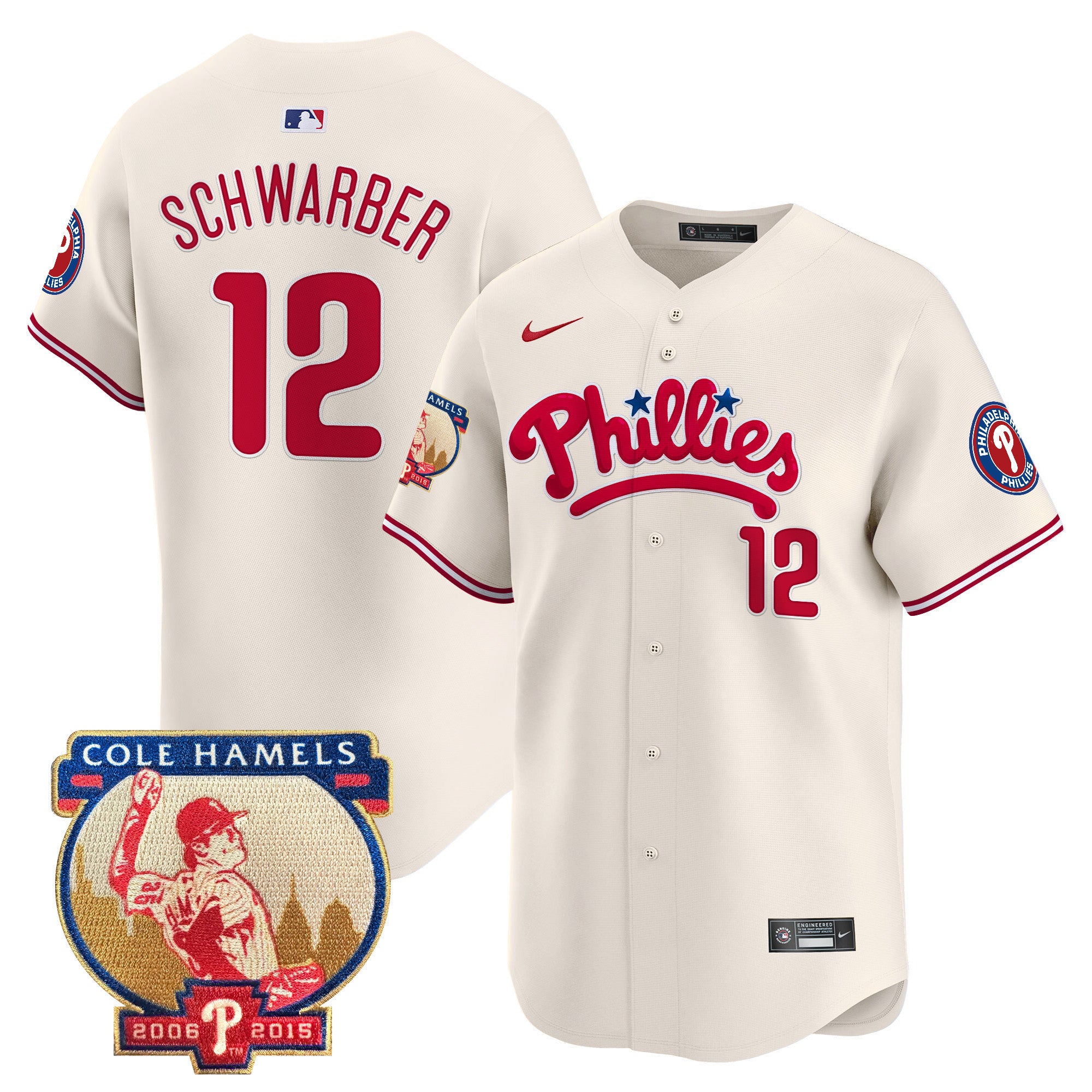Men's Phillies Cole Hamels Patch Vapor Premier Limited Jersey - All Stitched - Cream, Kyle Schwarber