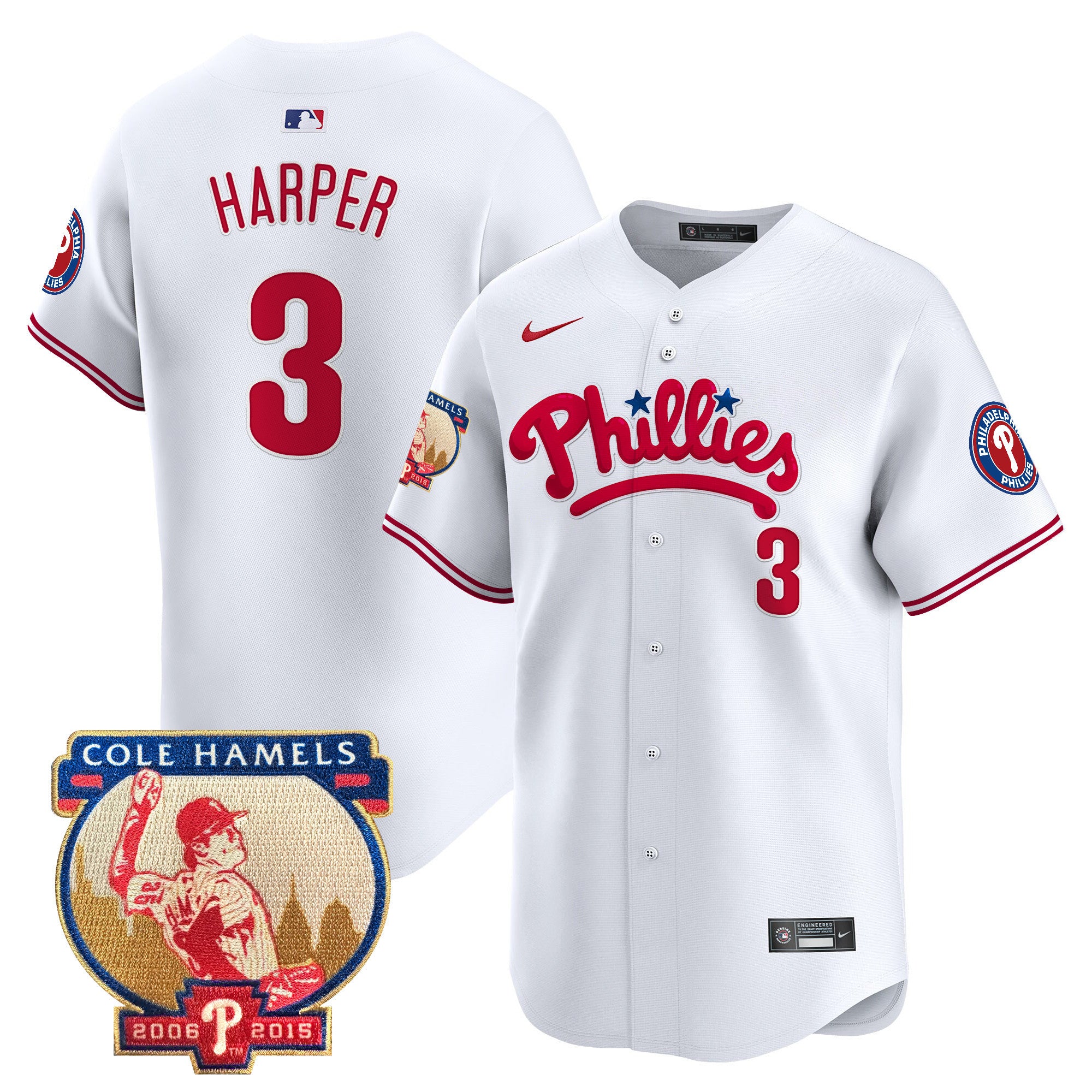 Men's Phillies Cole Hamels Patch Vapor Premier Limited Jersey - All Stitched - White, Bryce Harper