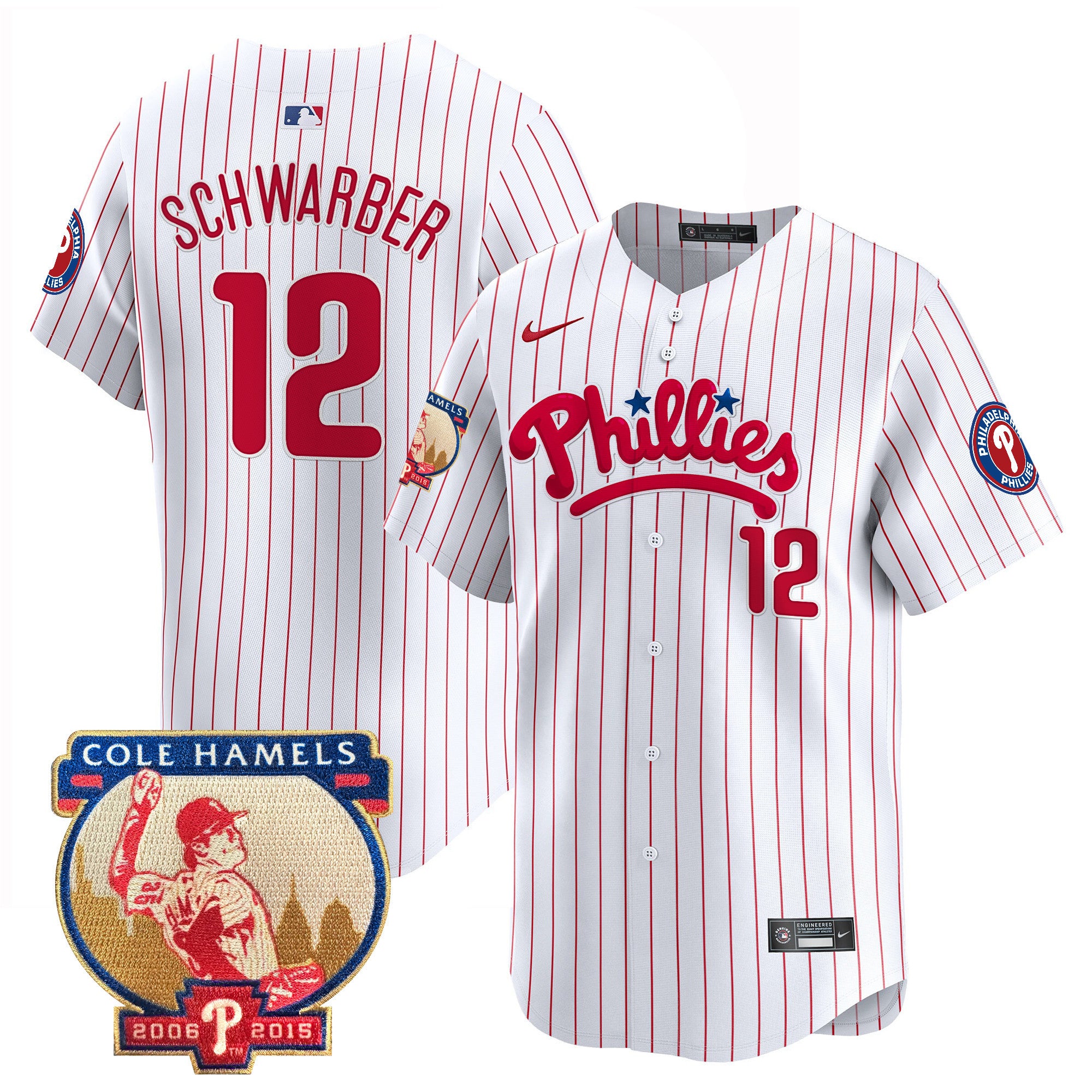 Men's Phillies Cole Hamels Patch Vapor Premier Limited Jersey - All Stitched - White Pinstripe, Kyle Schwarber