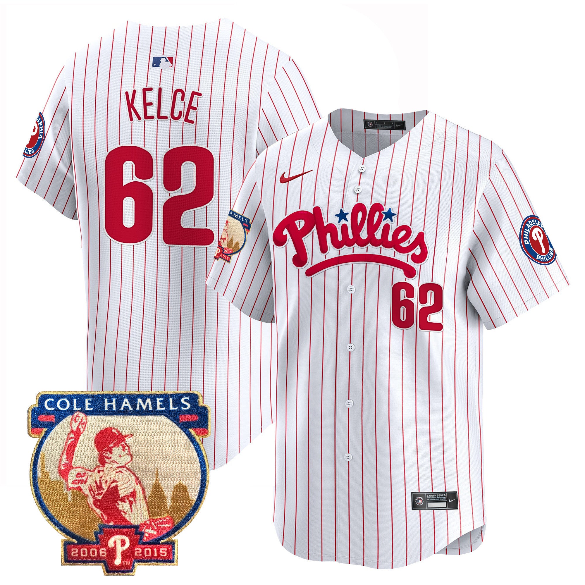Men's Phillies Cole Hamels Patch Vapor Premier Limited Jersey - All Stitched - White Pinstripe, Jason Kelce