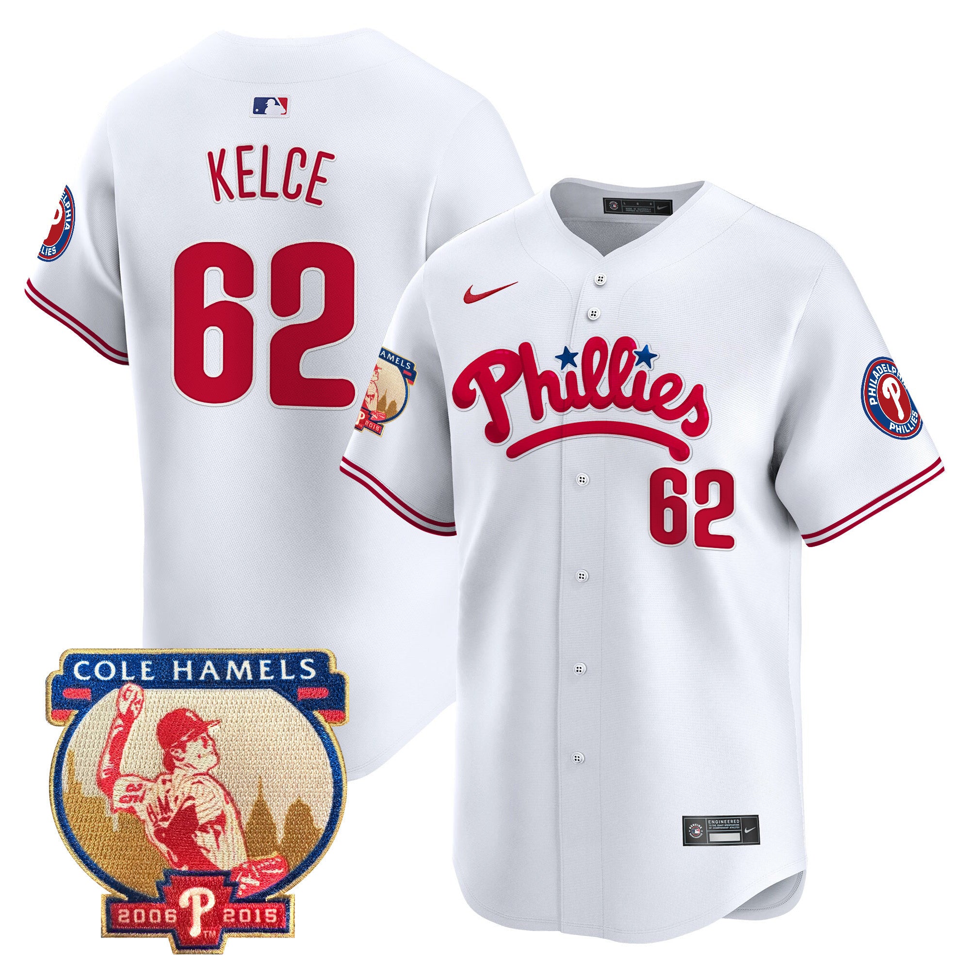 Men's Phillies Cole Hamels Patch Vapor Premier Limited Jersey - All Stitched - White, Jason Kelce