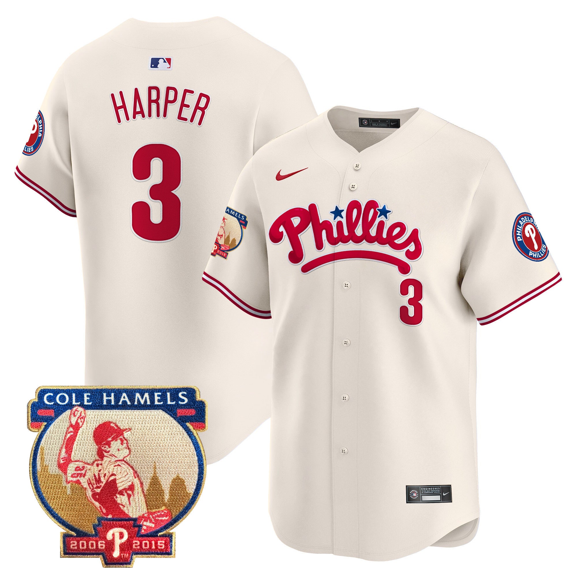 Men's Phillies Cole Hamels Patch Vapor Premier Limited Jersey - All Stitched - Cream, Bryce Harper