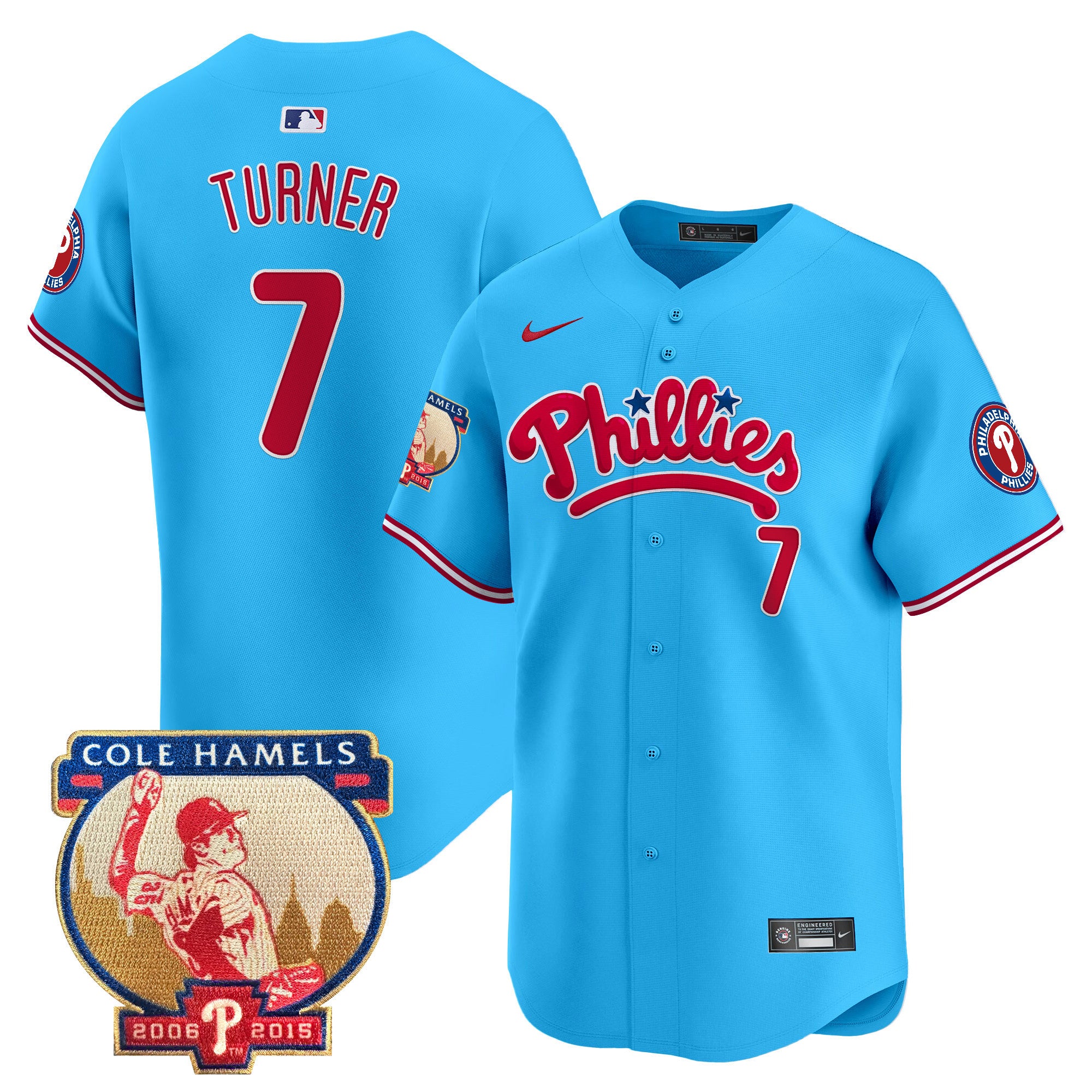 Men's Phillies Cole Hamels Patch Vapor Premier Limited Jersey - All Stitched - Light Blue, Trea Turner