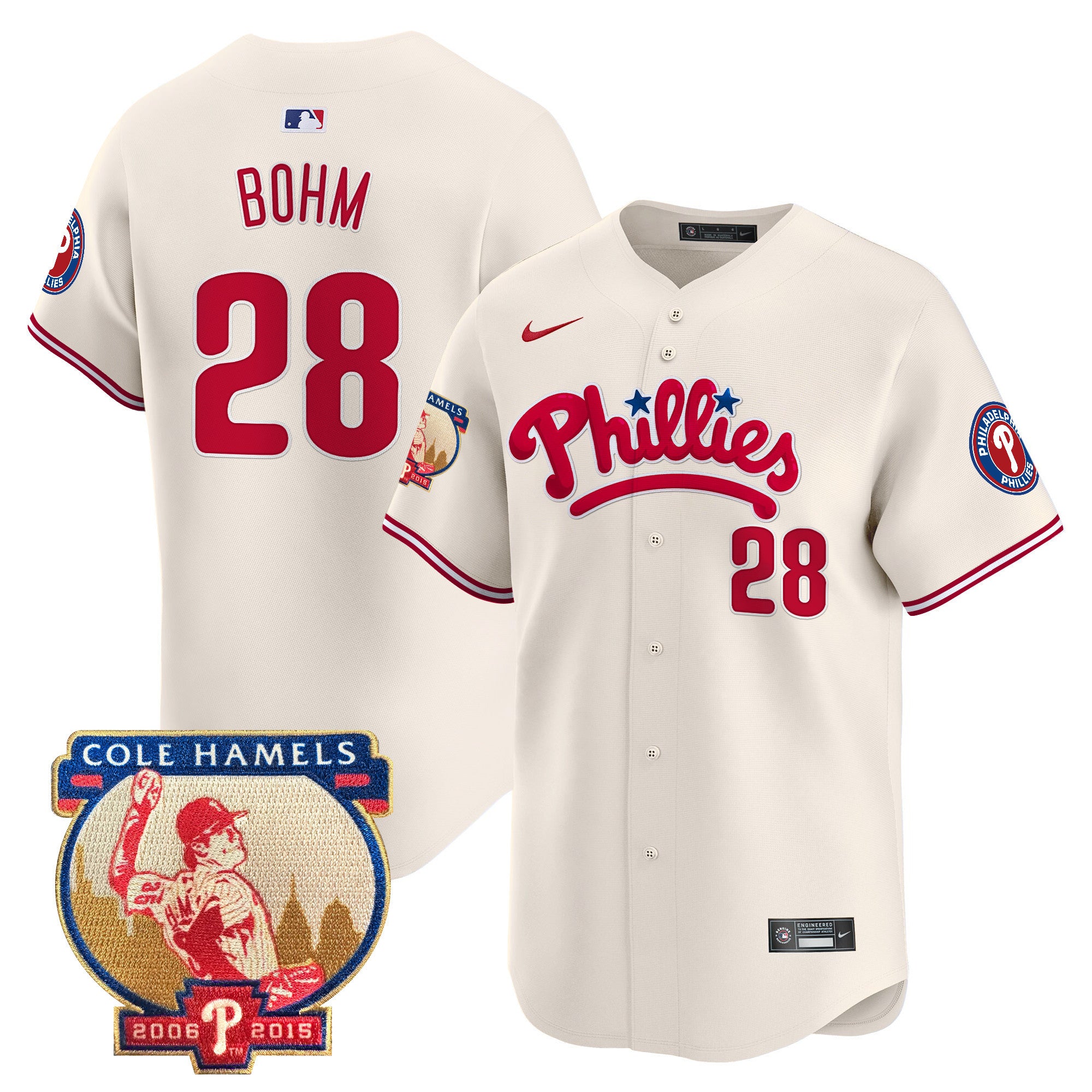 Men's Phillies Cole Hamels Patch Vapor Premier Limited Jersey - All Stitched - Cream, Alec Bohm