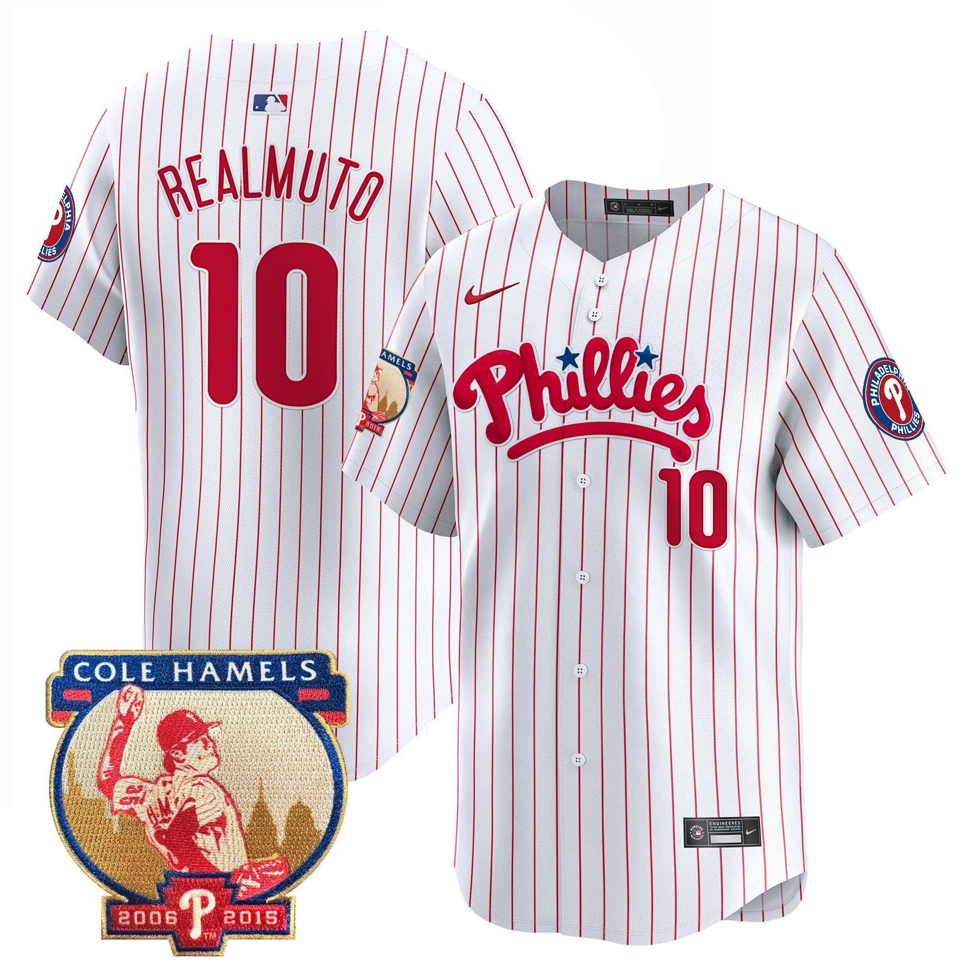 Men's Phillies Cole Hamels Patch Vapor Premier Limited Jersey - All Stitched - White Pinstripe, J.T.Realmuto