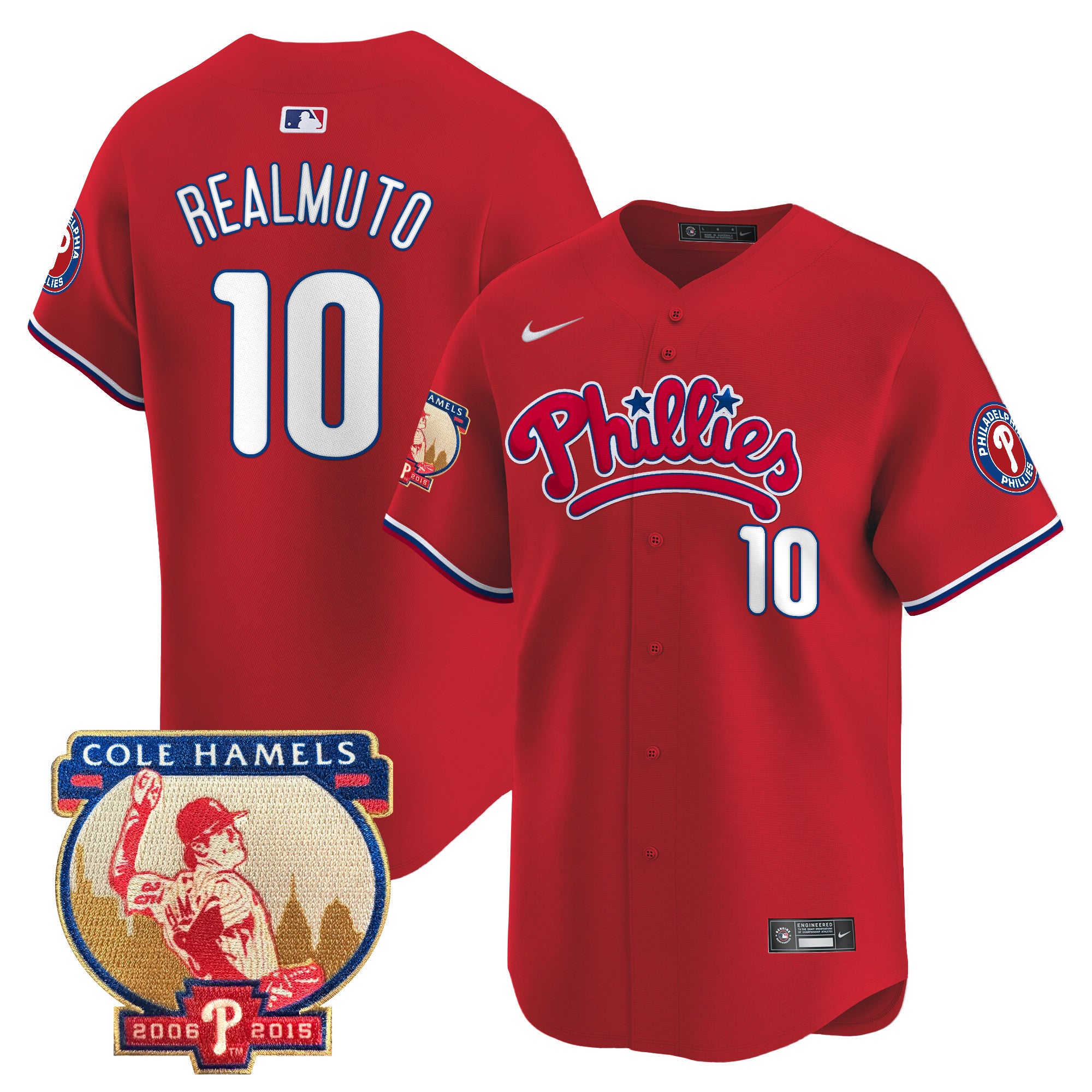 Men's Phillies Cole Hamels Patch Vapor Premier Limited Jersey - All Stitched - Red, J.T.Realmuto