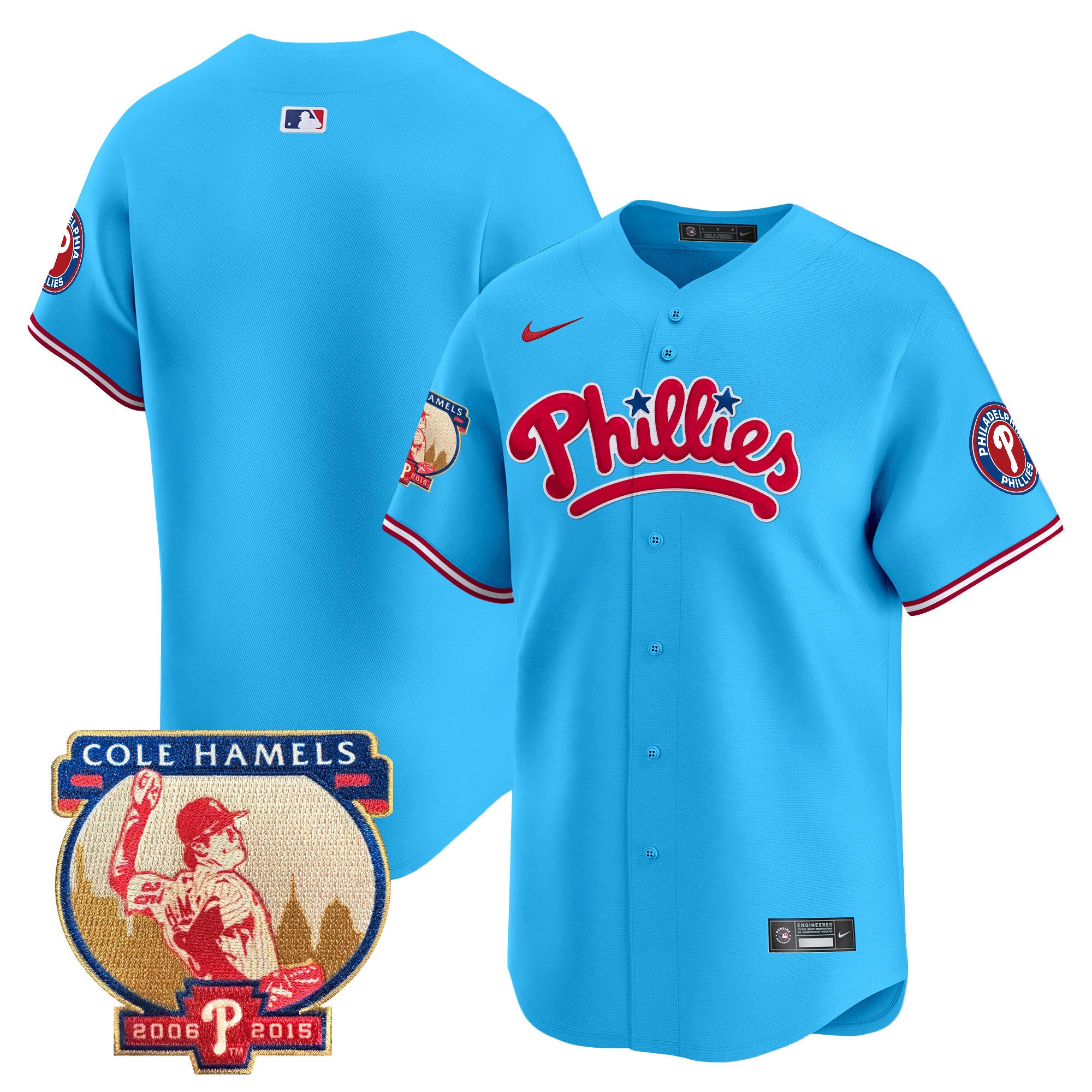 Men's Phillies Cole Hamels Patch Vapor Premier Limited Jersey - All Stitched - Light Blue, Team