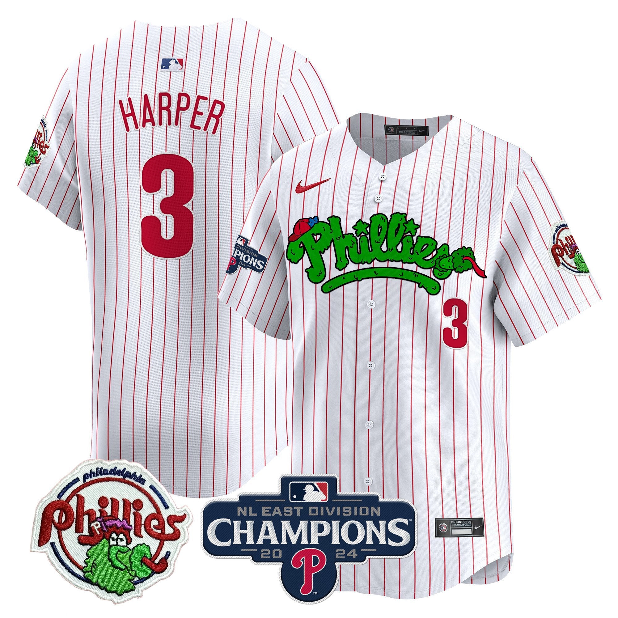 Men's Phillies Phanatic 2024 NL East Division Champions Vapor Premier Limited Jersey - All Stitched - White Pinstripe, Bryce Harper