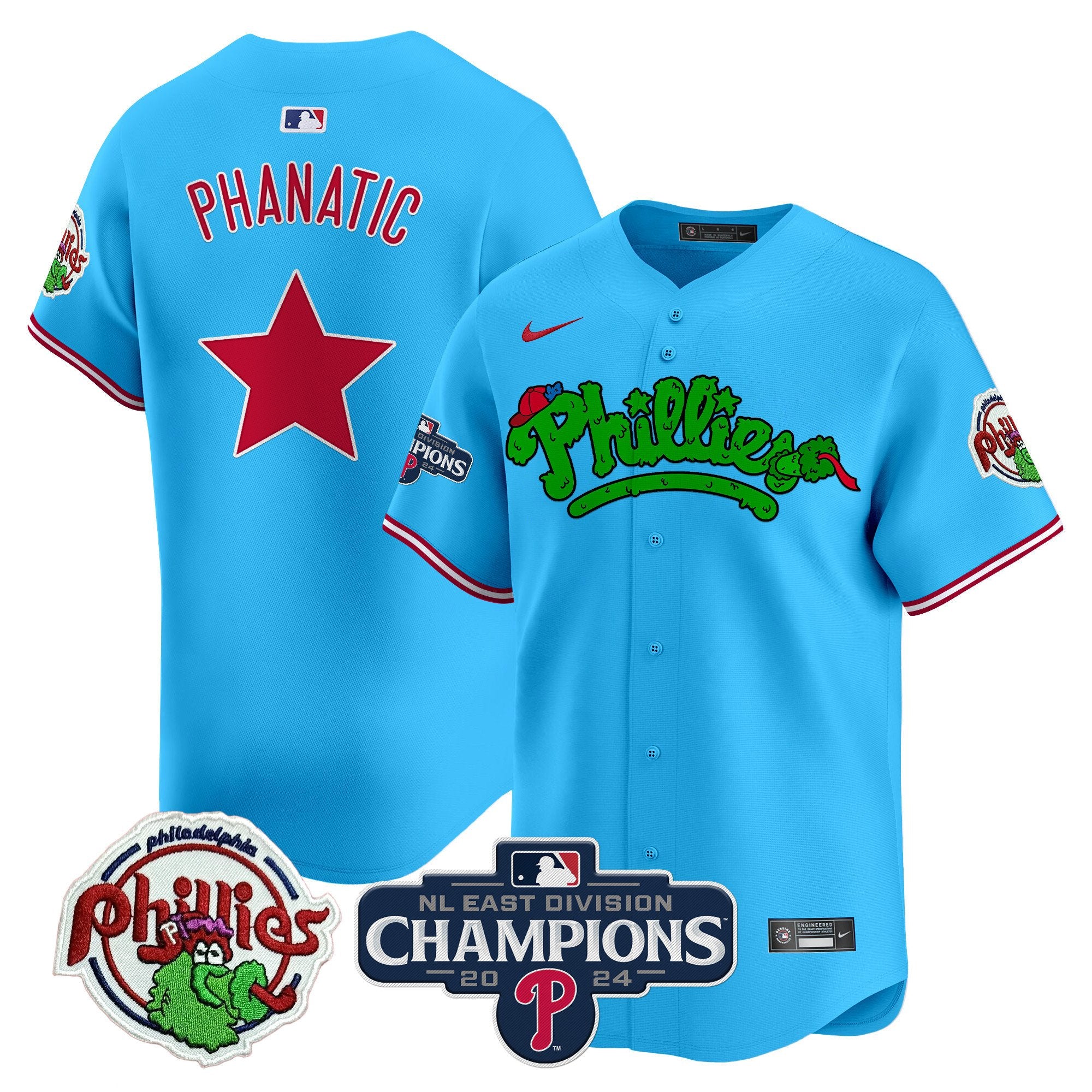 Men's Phillies Phanatic 2024 NL East Division Champions Vapor Premier Limited Jersey - All Stitched - Light Blue, Phanatic