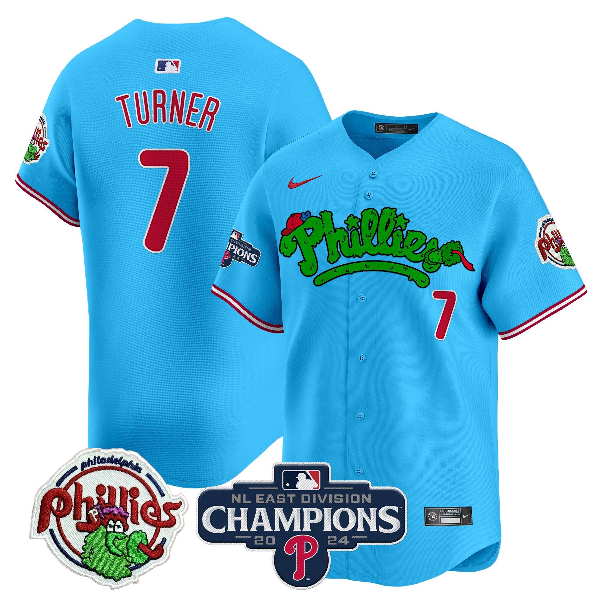 Men's Phillies Phanatic 2024 NL East Division Champions Vapor Premier Limited Jersey - All Stitched - Light Blue, Trea Turner