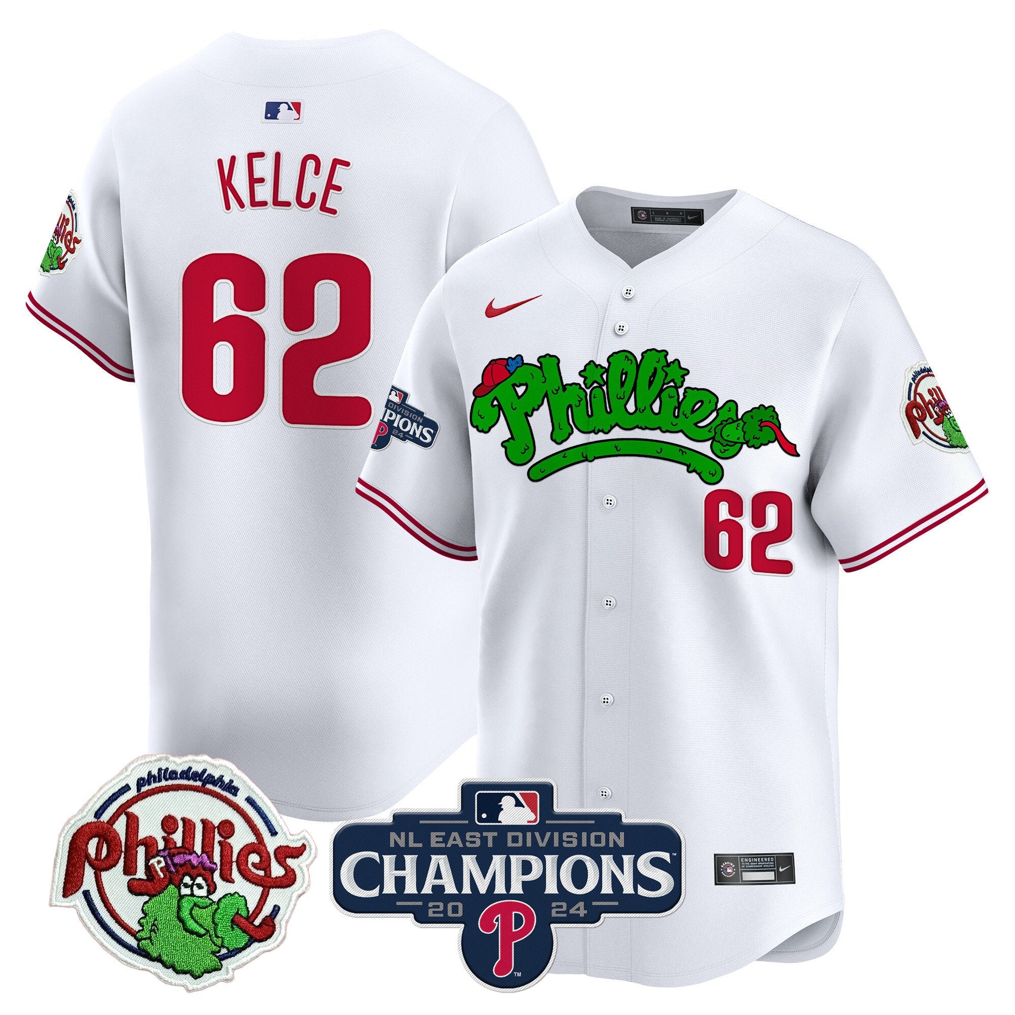 Men's Phillies Phanatic 2024 NL East Division Champions Vapor Premier Limited Jersey - All Stitched - White, Jason Kelce