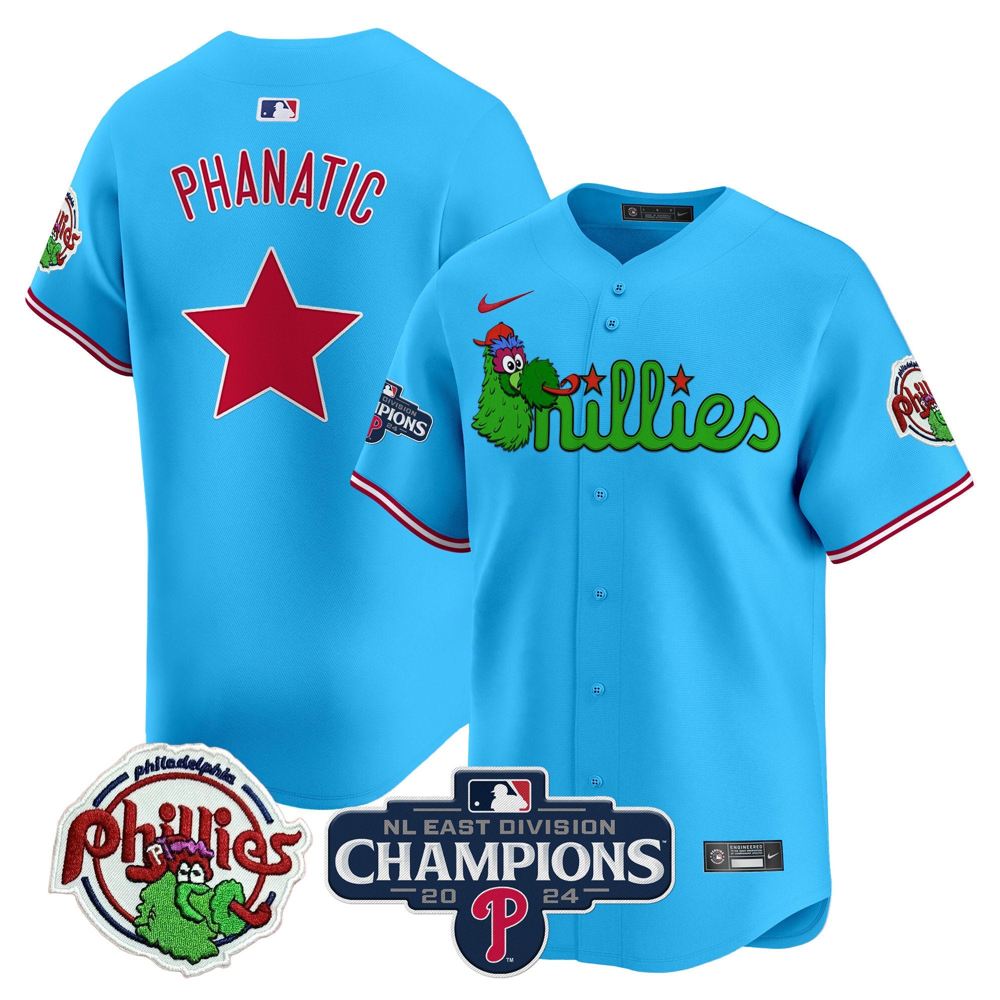 Men's Phillies Phanatic 2024 NL East Division Champions Vapor Premier Limited Jersey V2 - All Stitched - Light Blue, Phanatic
