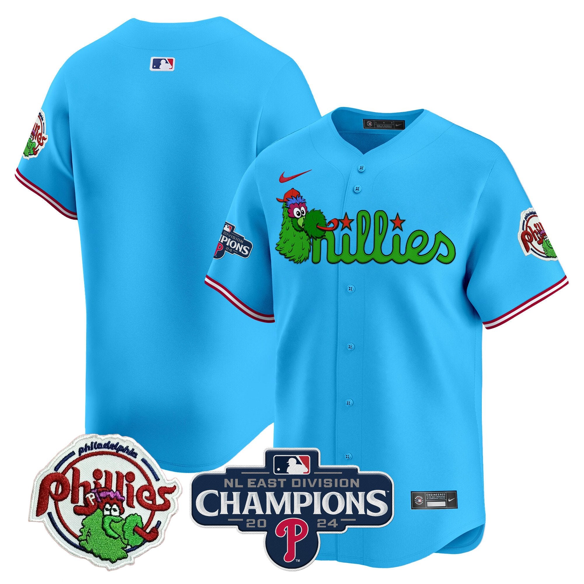 Men's Phillies Phanatic 2024 NL East Division Champions Vapor Premier Limited Jersey V2 - All Stitched - Light Blue, Team