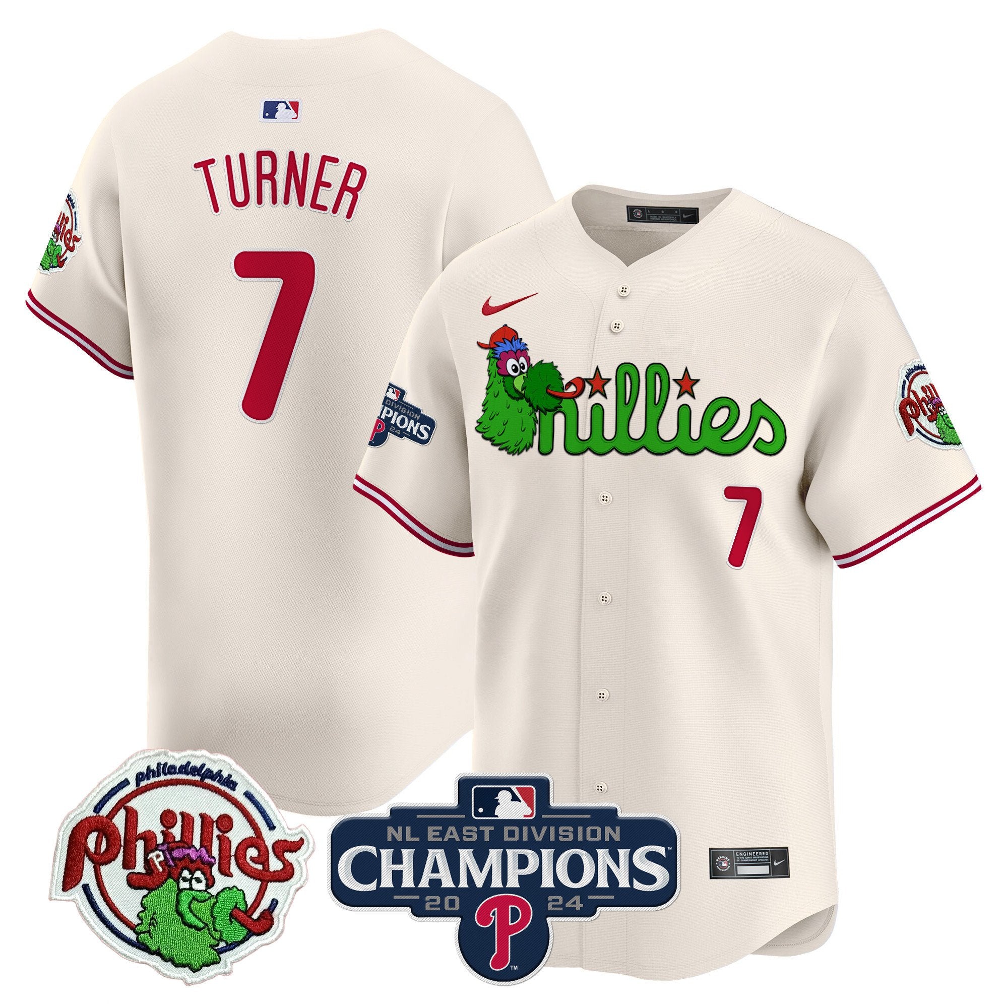 Men's Phillies Phanatic 2024 NL East Division Champions Vapor Premier Limited Jersey V2 - All Stitched - Cream, Trea Turner