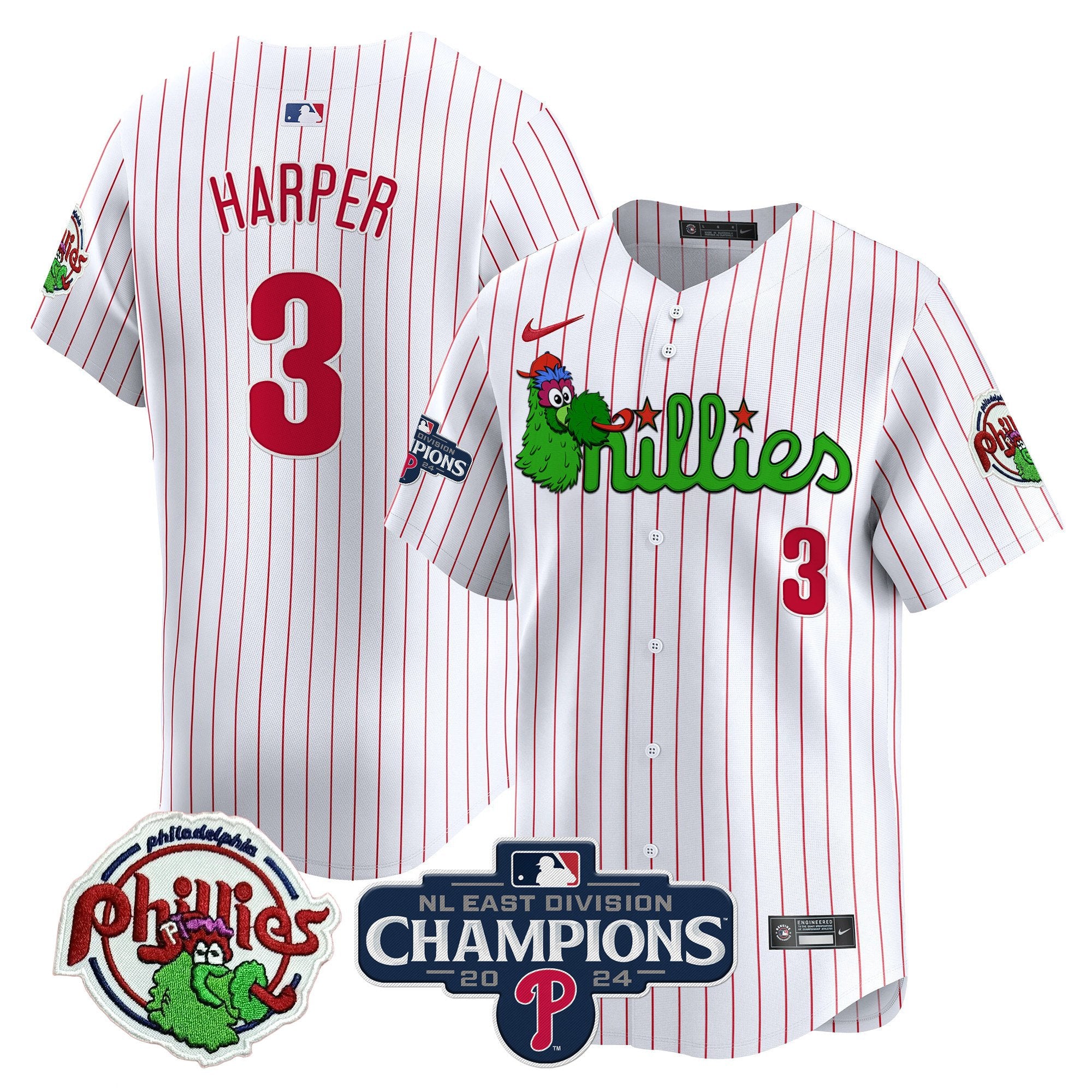 Men's Phillies Phanatic 2024 NL East Division Champions Vapor Premier Limited Jersey V2 - All Stitched - White Pinstripe, Bryce Harper
