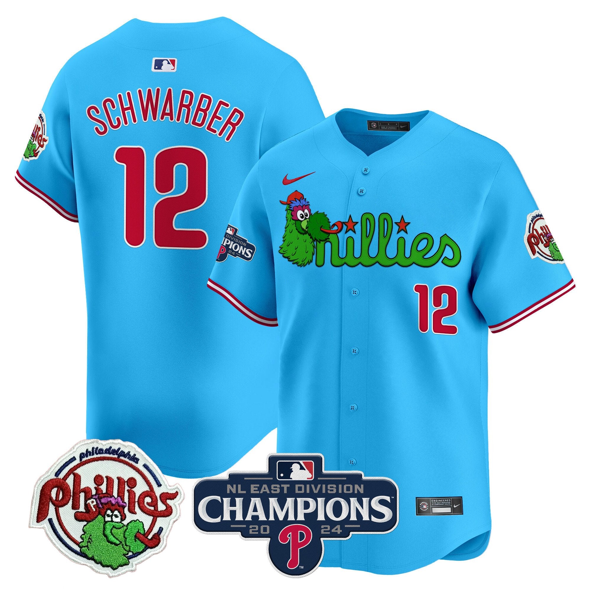 Men's Phillies Phanatic 2024 NL East Division Champions Vapor Premier Limited Jersey V2 - All Stitched - Light Blue, Kyle Schwarber