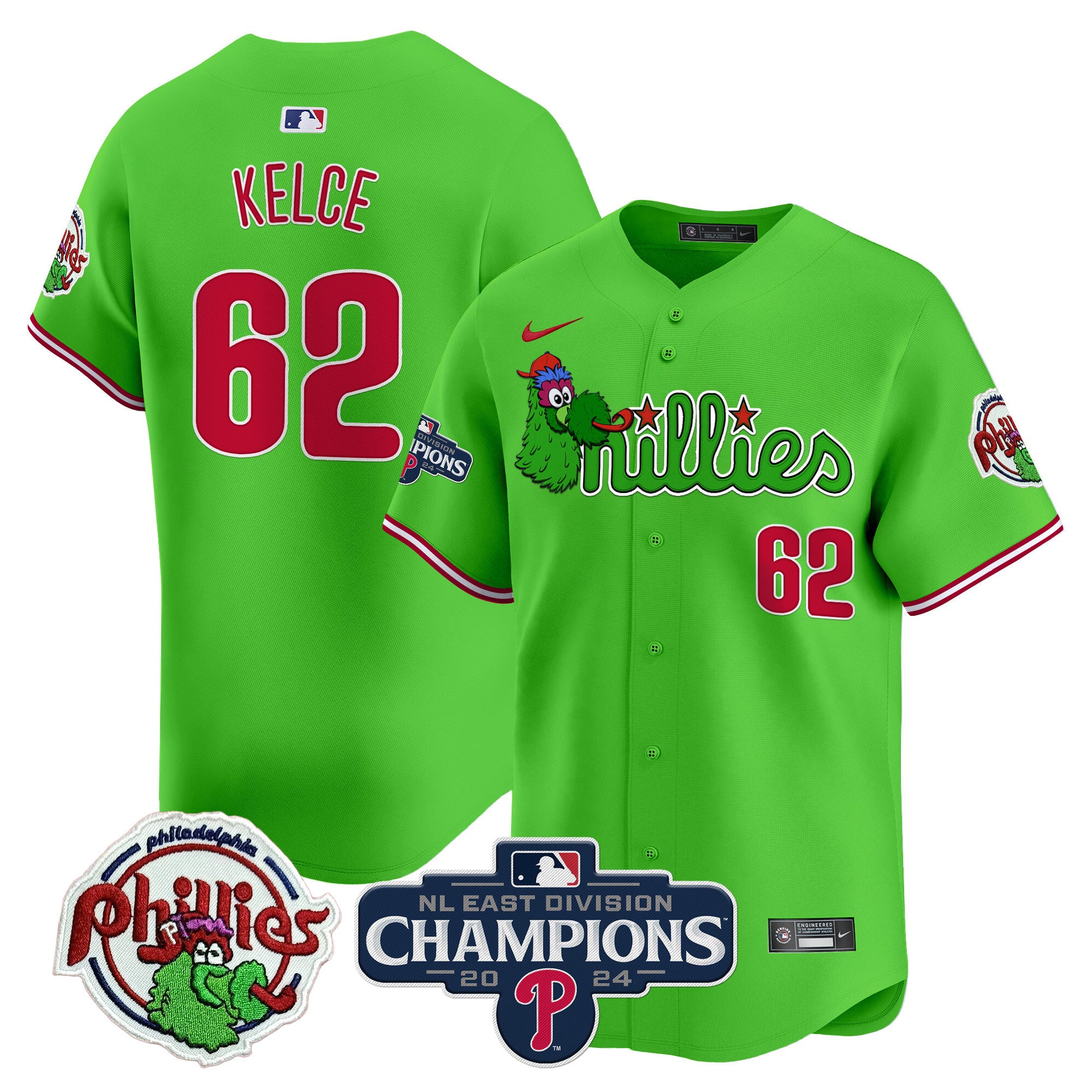 Men's Phillies Phanatic 2024 NL East Division Champions Vapor Premier Limited Jersey V2 - All Stitched - Green, Jason Kelce