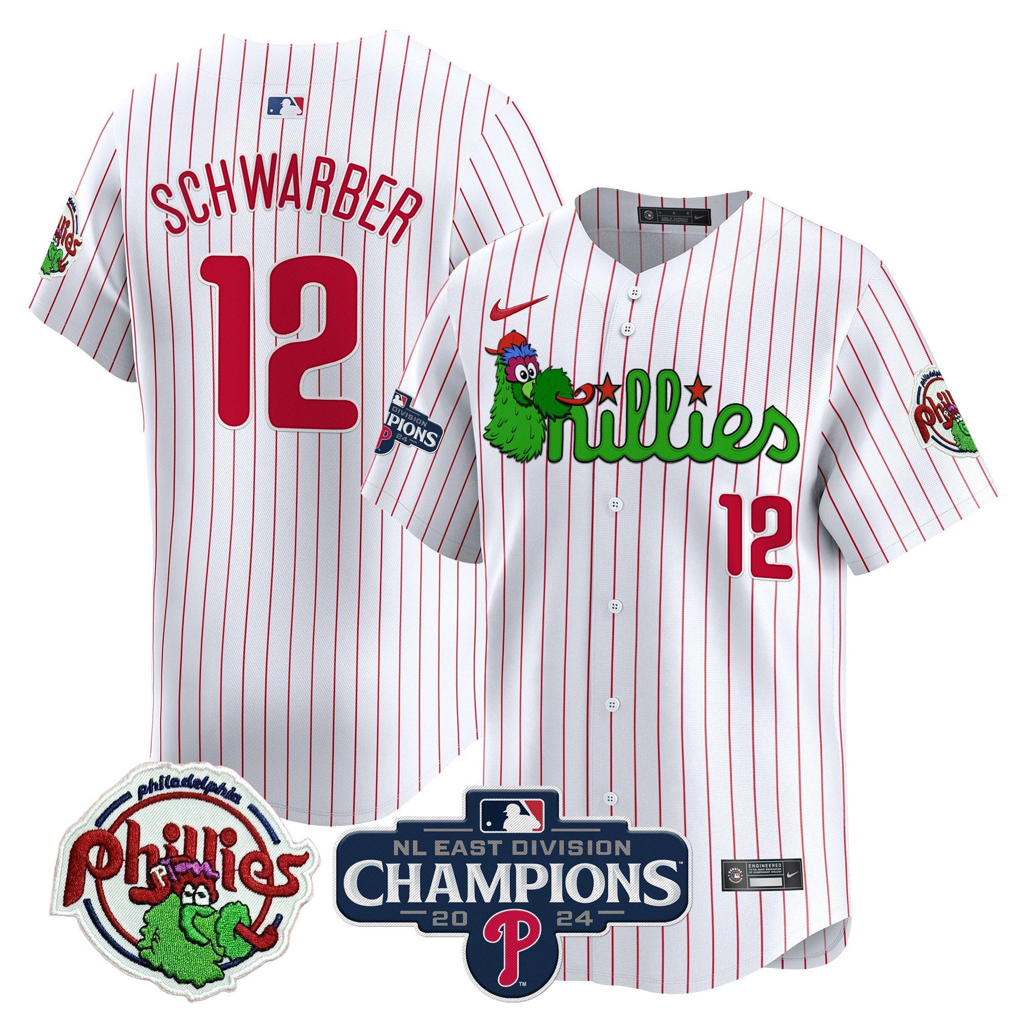 Men's Phillies Phanatic 2024 NL East Division Champions Vapor Premier Limited Jersey V2 - All Stitched - White Pinstripe, Kyle Schwarber
