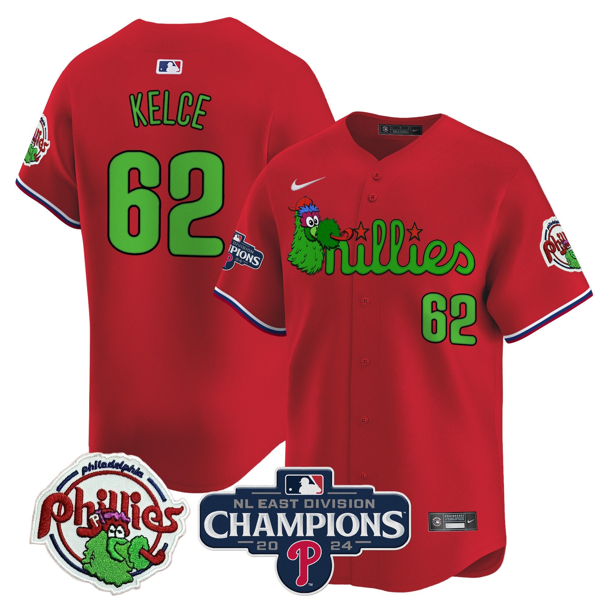 Men's Phillies Phanatic 2024 NL East Division Champions Vapor Premier Limited Jersey V2 - All Stitched - Red, Jason Kelce