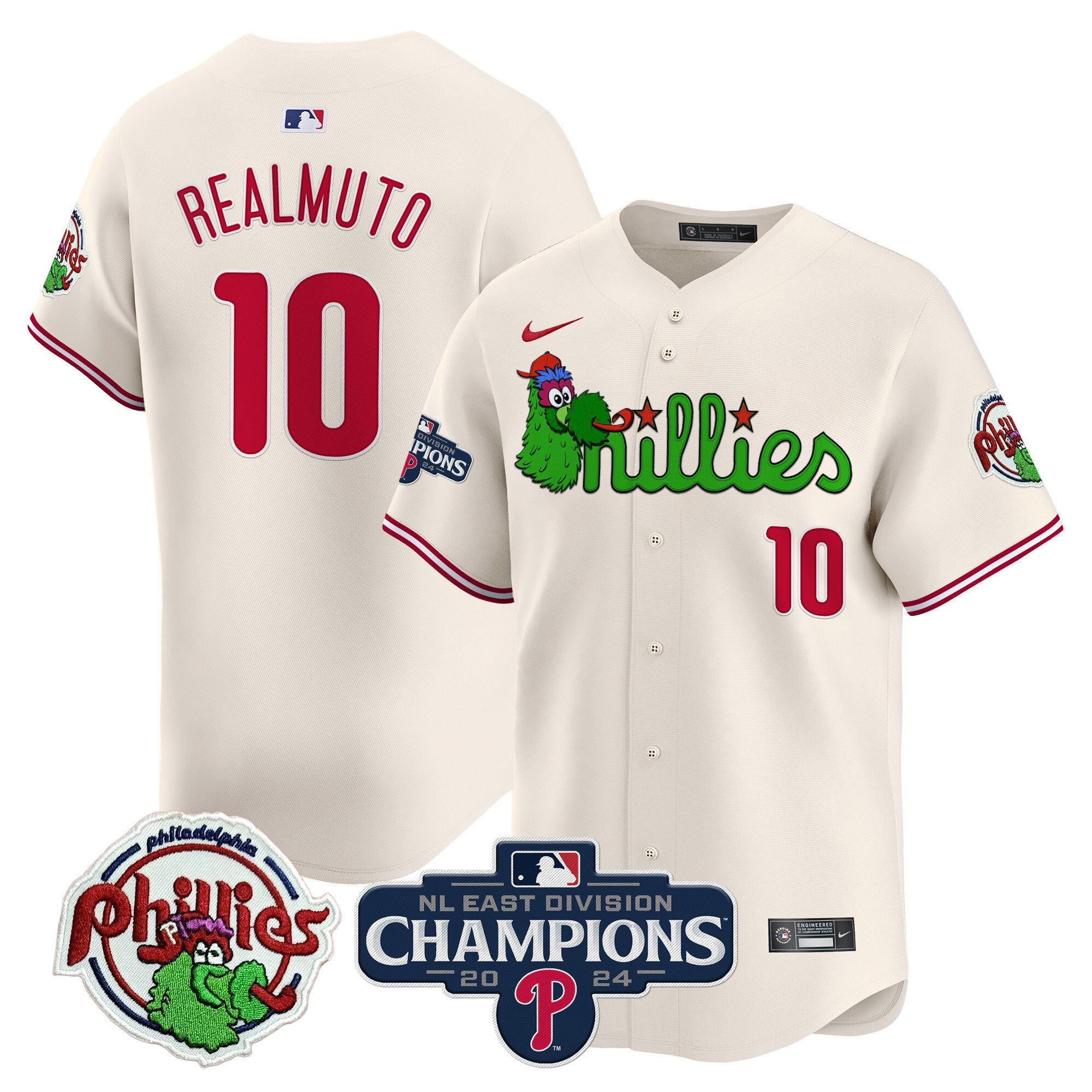 Men's Phillies Phanatic 2024 NL East Division Champions Vapor Premier Limited Jersey V2 - All Stitched - Cream, J.T.Realmuto