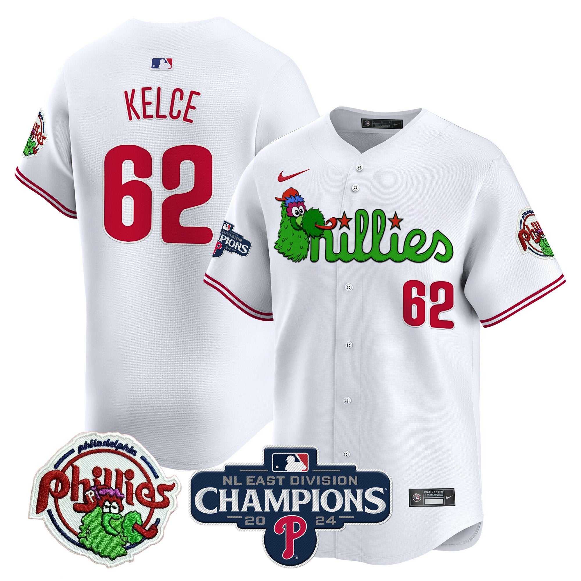 Men's Phillies Phanatic 2024 NL East Division Champions Vapor Premier Limited Jersey V2 - All Stitched - White, Jason Kelce