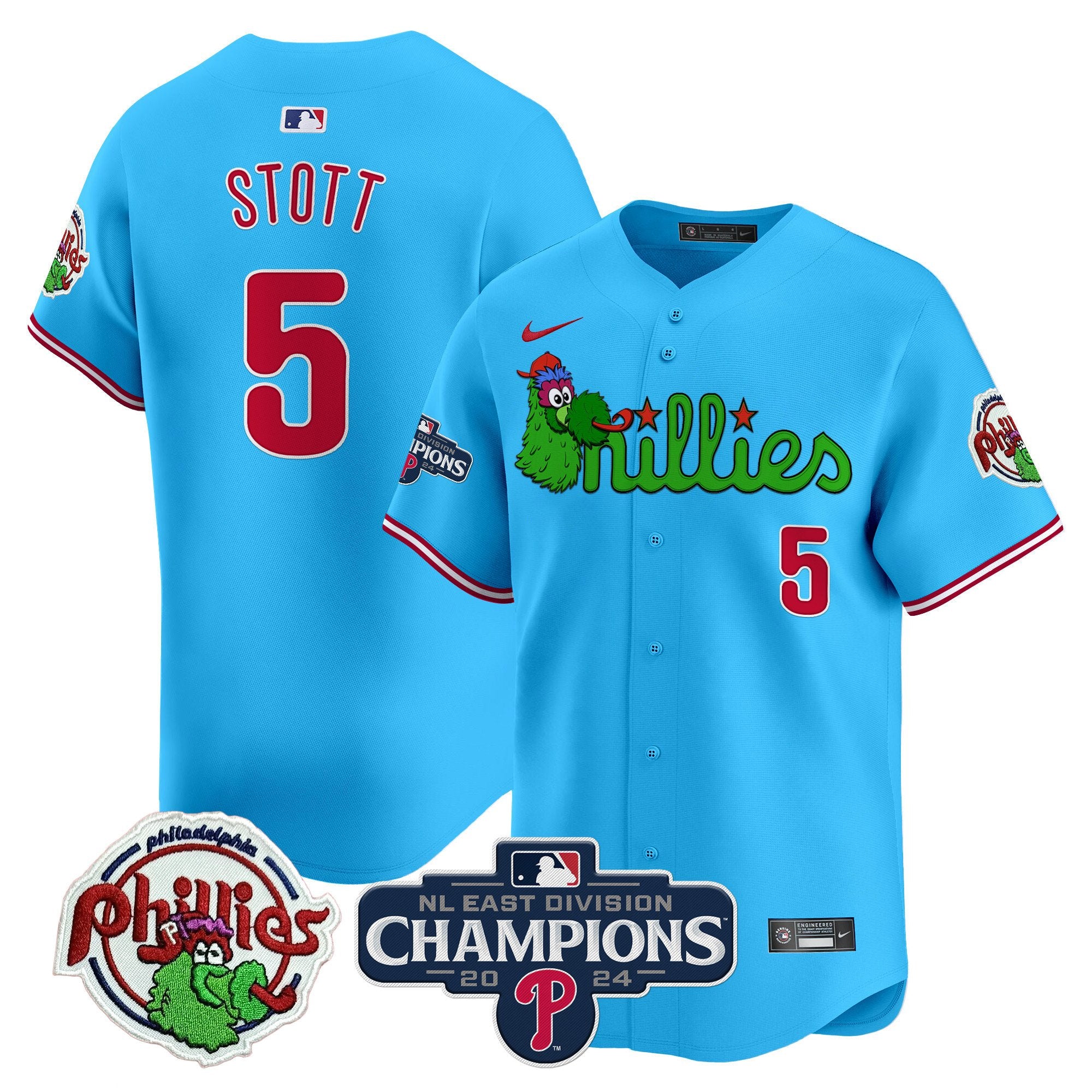 Men's Phillies Phanatic 2024 NL East Division Champions Vapor Premier Limited Jersey V2 - All Stitched - Light Blue, Bryson Stott
