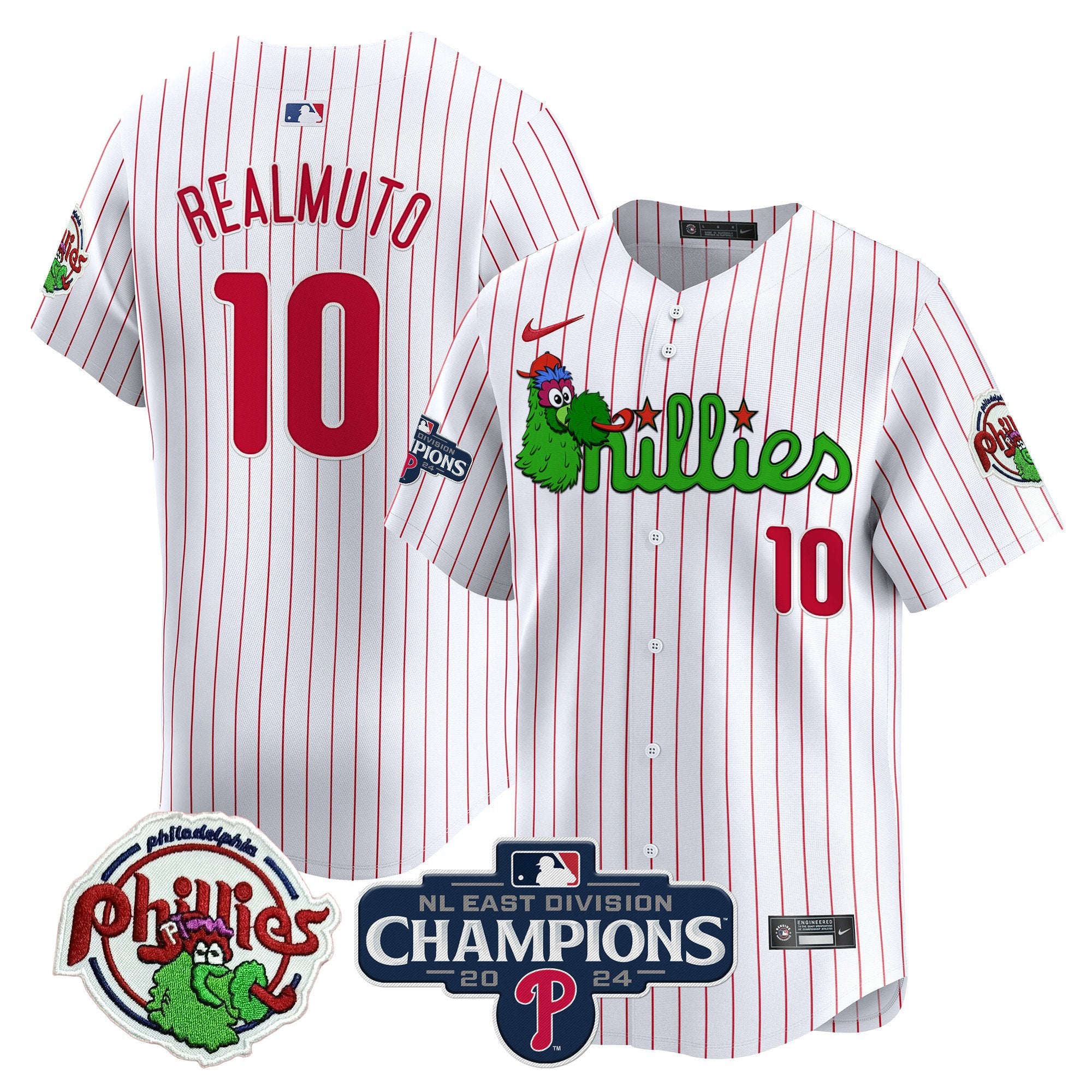 Men's Phillies Phanatic 2024 NL East Division Champions Vapor Premier Limited Jersey V2 - All Stitched - White Pinstripe, J.T.Realmuto