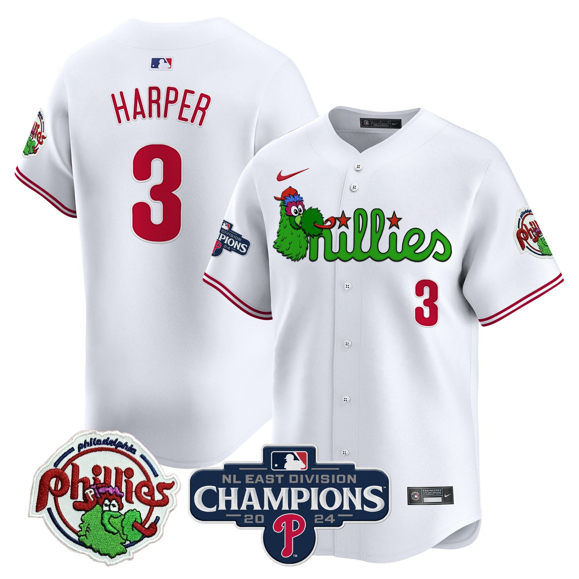 Men's Phillies Phanatic 2024 NL East Division Champions Vapor Premier Limited Jersey V2 - All Stitched - White, Bryce Harper