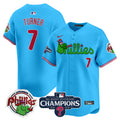 Men's Phillies Phanatic 2024 NL East Division Champions Vapor Premier Limited Jersey V2 - All Stitched - Light Blue, Trea Turner