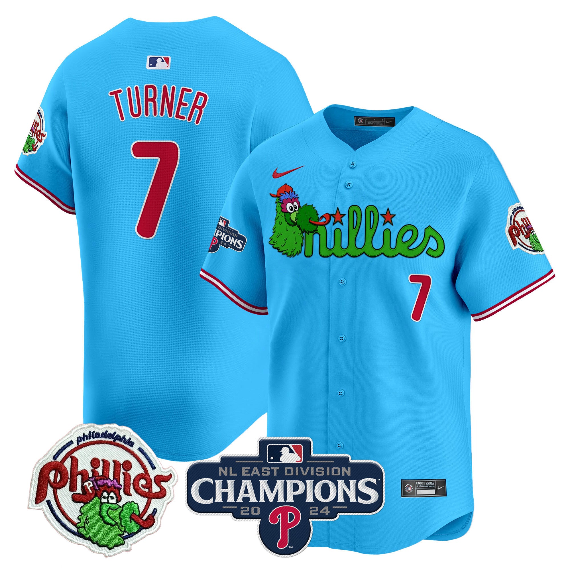 Men's Phillies Phanatic 2024 NL East Division Champions Vapor Premier Limited Jersey V2 - All Stitched - Light Blue, Trea Turner