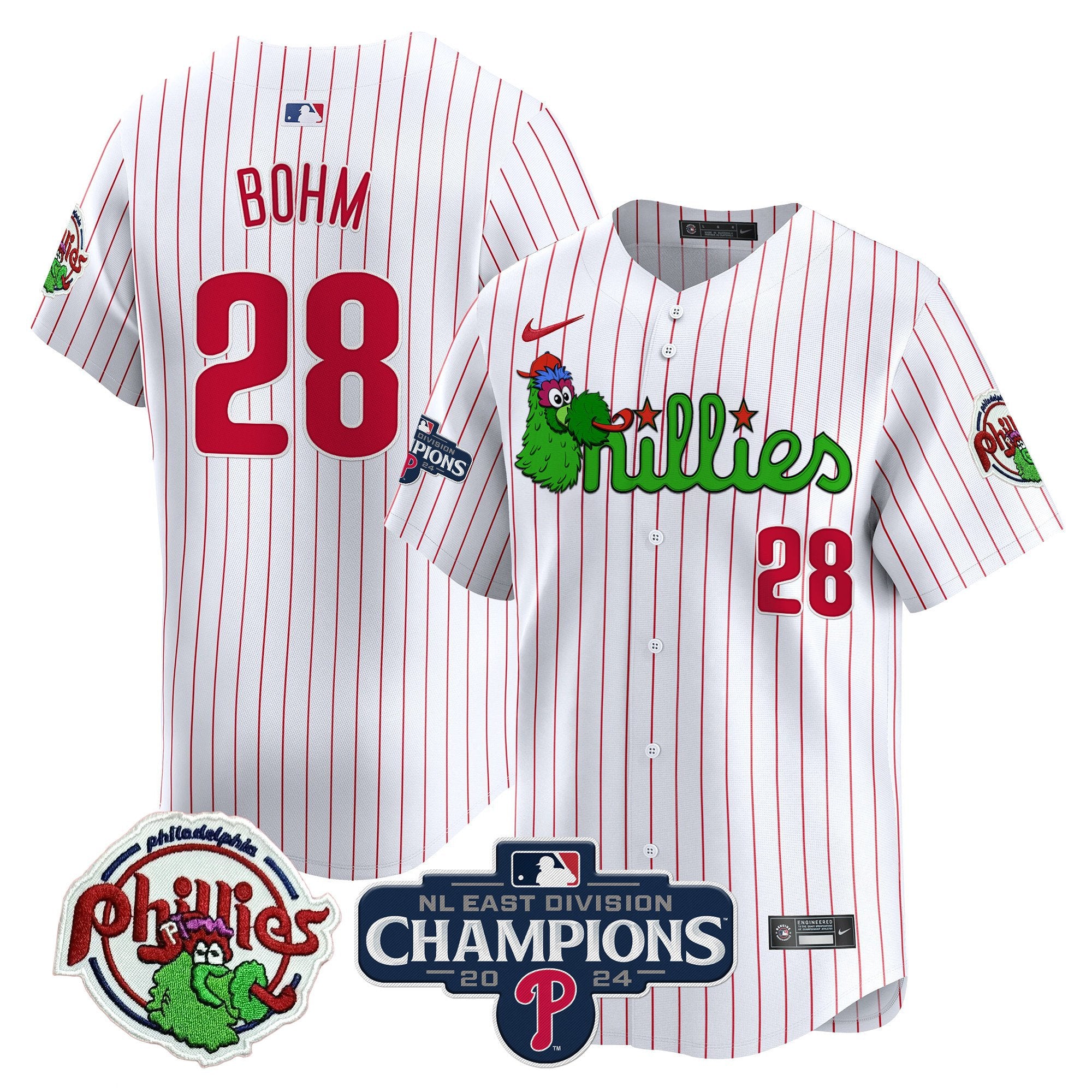 Men's Phillies Phanatic 2024 NL East Division Champions Vapor Premier Limited Jersey V2 - All Stitched - White Pinstripe, Alec Bohm