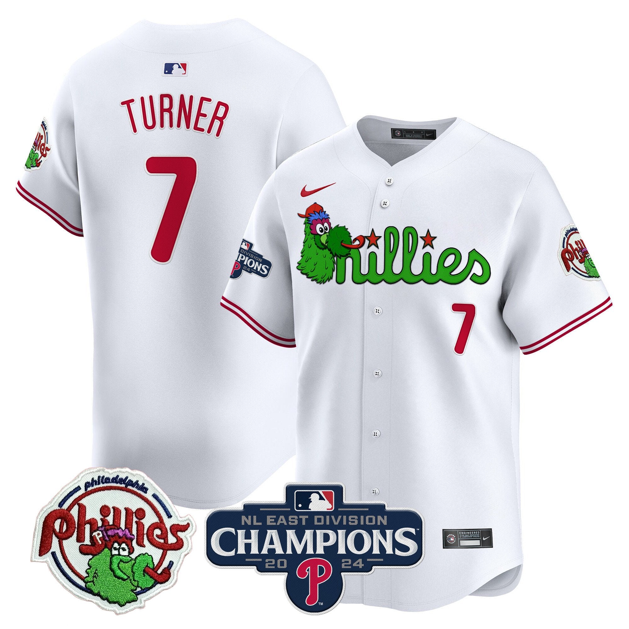Men's Phillies Phanatic 2024 NL East Division Champions Vapor Premier Limited Jersey V2 - All Stitched - White, Trea Turner