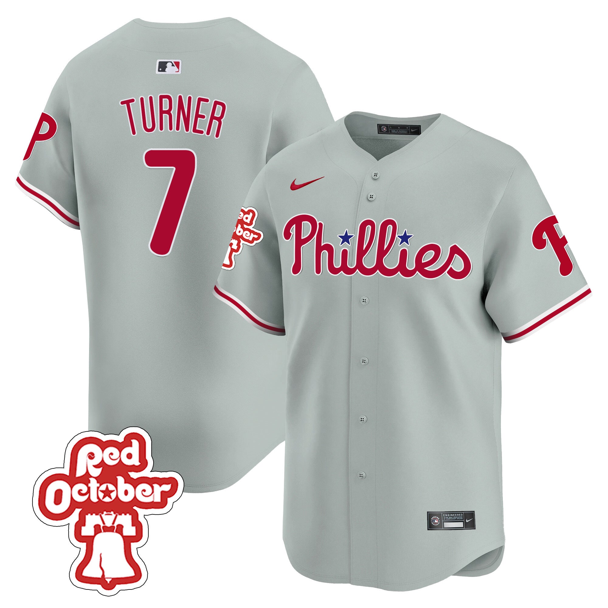 Men's Phillies Red Octorber Patch Vapor Premier Limited Jersey - All Stitched - Gray Road, Trea Turner