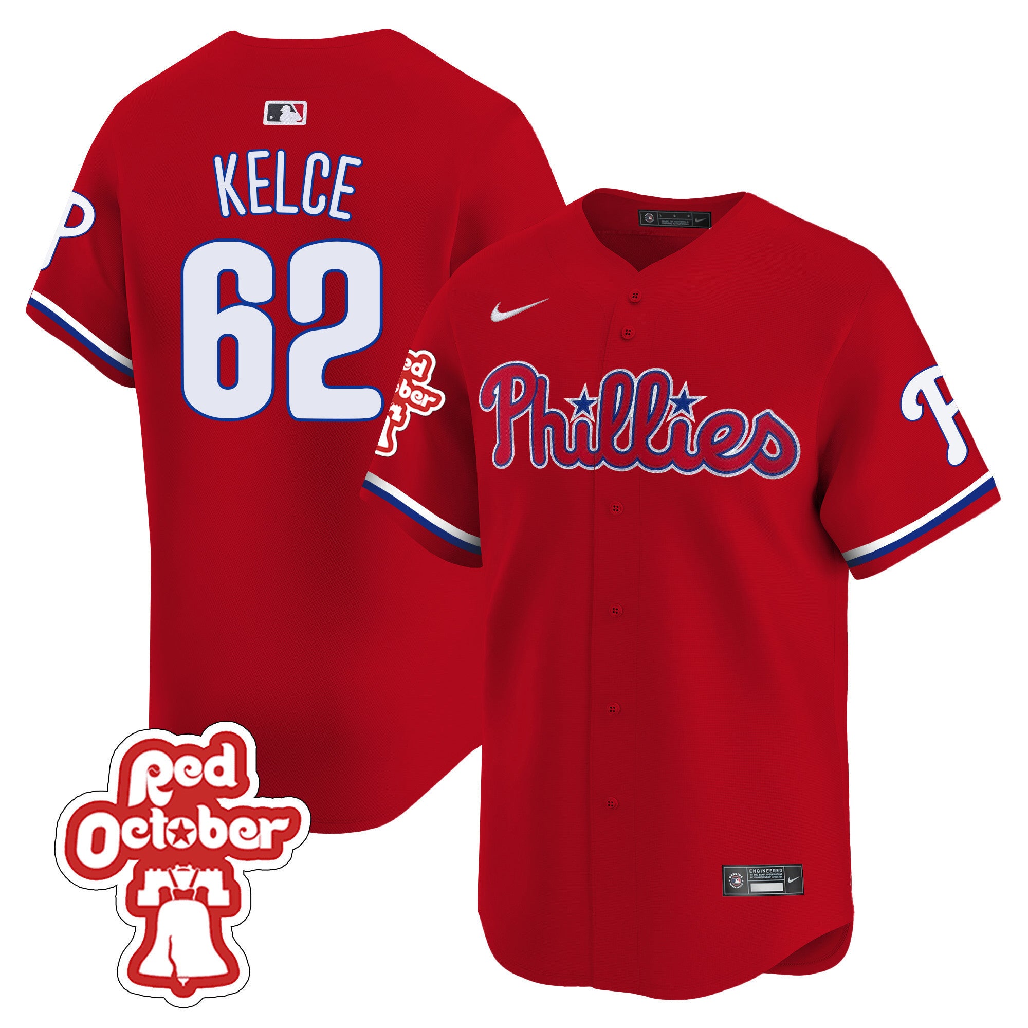 Men's Phillies Red Octorber Patch Vapor Premier Limited Jersey - All Stitched - Red, Jason Kelce