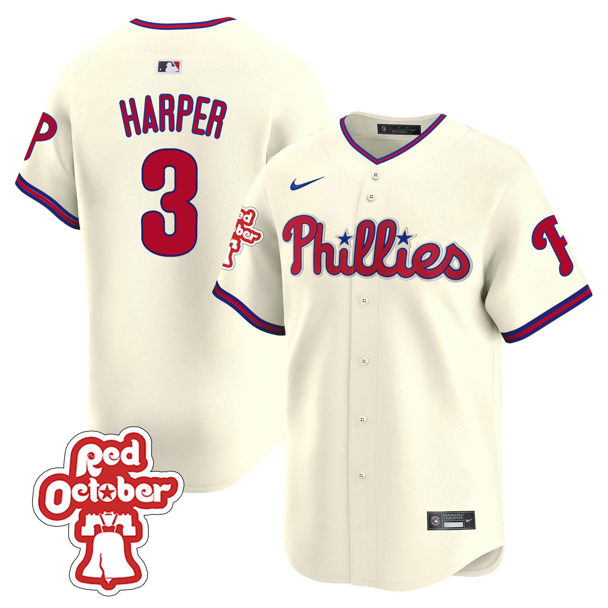 Men's Phillies Red Octorber Patch Vapor Premier Limited Jersey - All Stitched - Cream, Bryce Harper