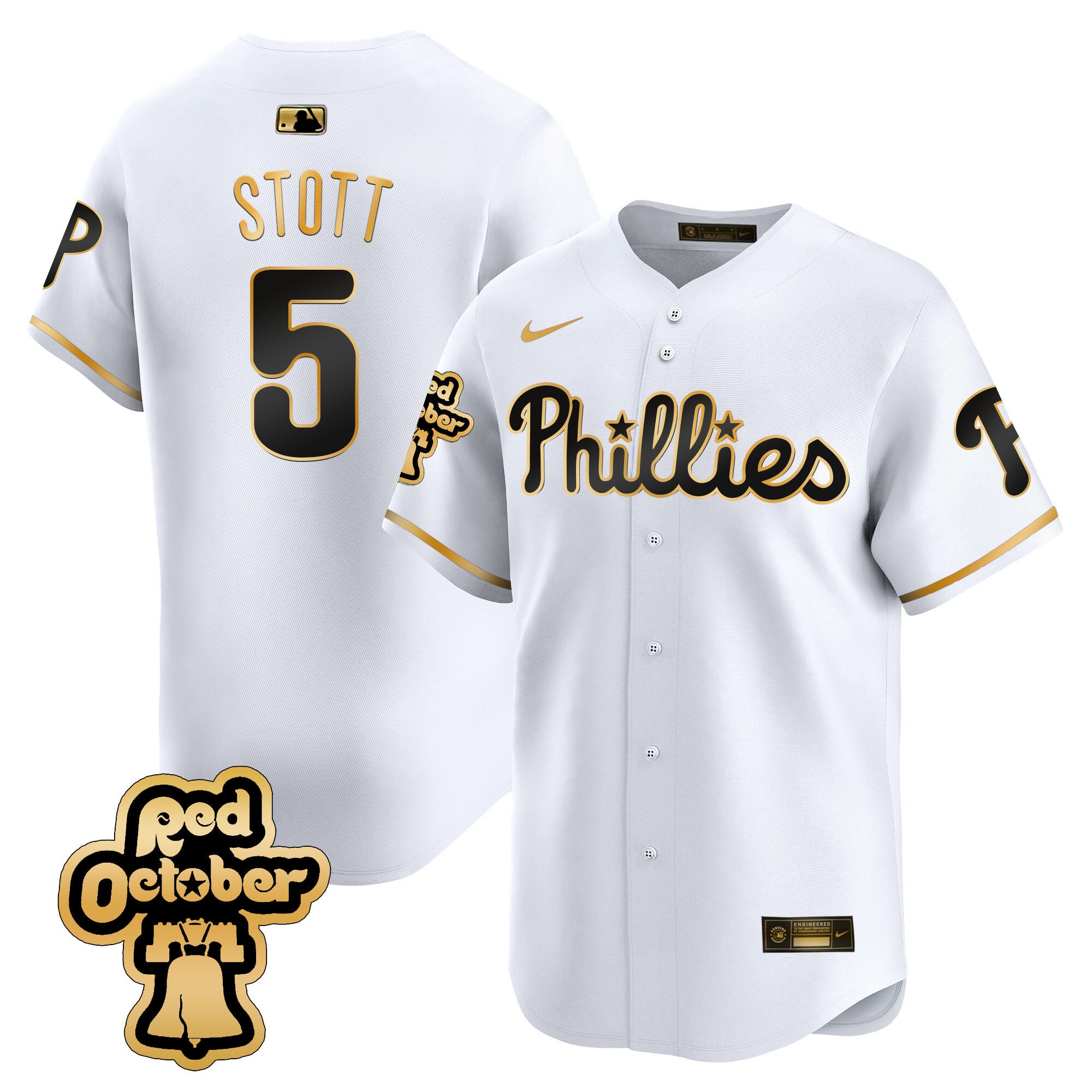 Men's Phillies Red Octorber Patch Vapor Premier Limited Jersey - All Stitched - White Gold, Bryson Stott