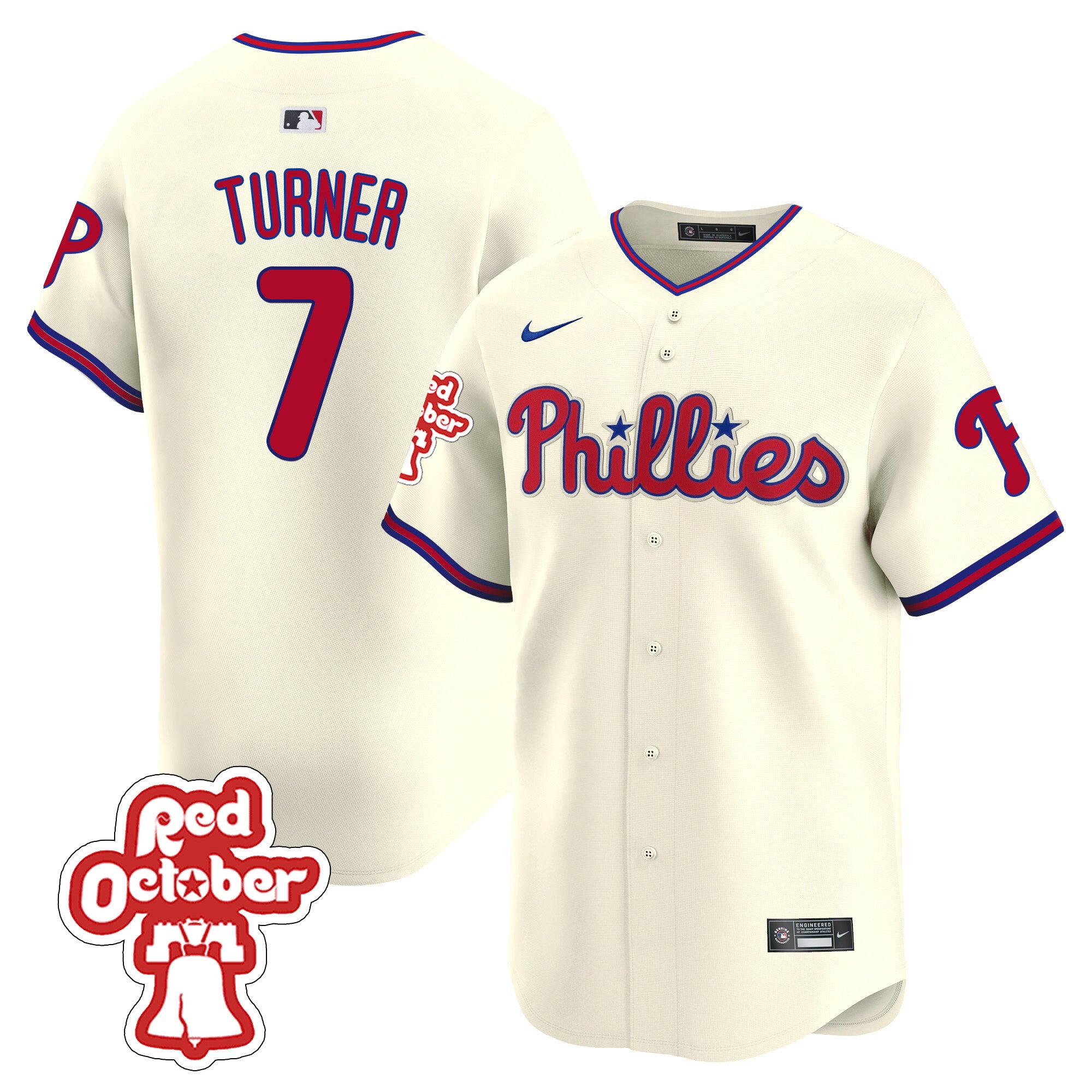 Men's Phillies Red Octorber Patch Vapor Premier Limited Jersey - All Stitched - Cream, Trea Turner