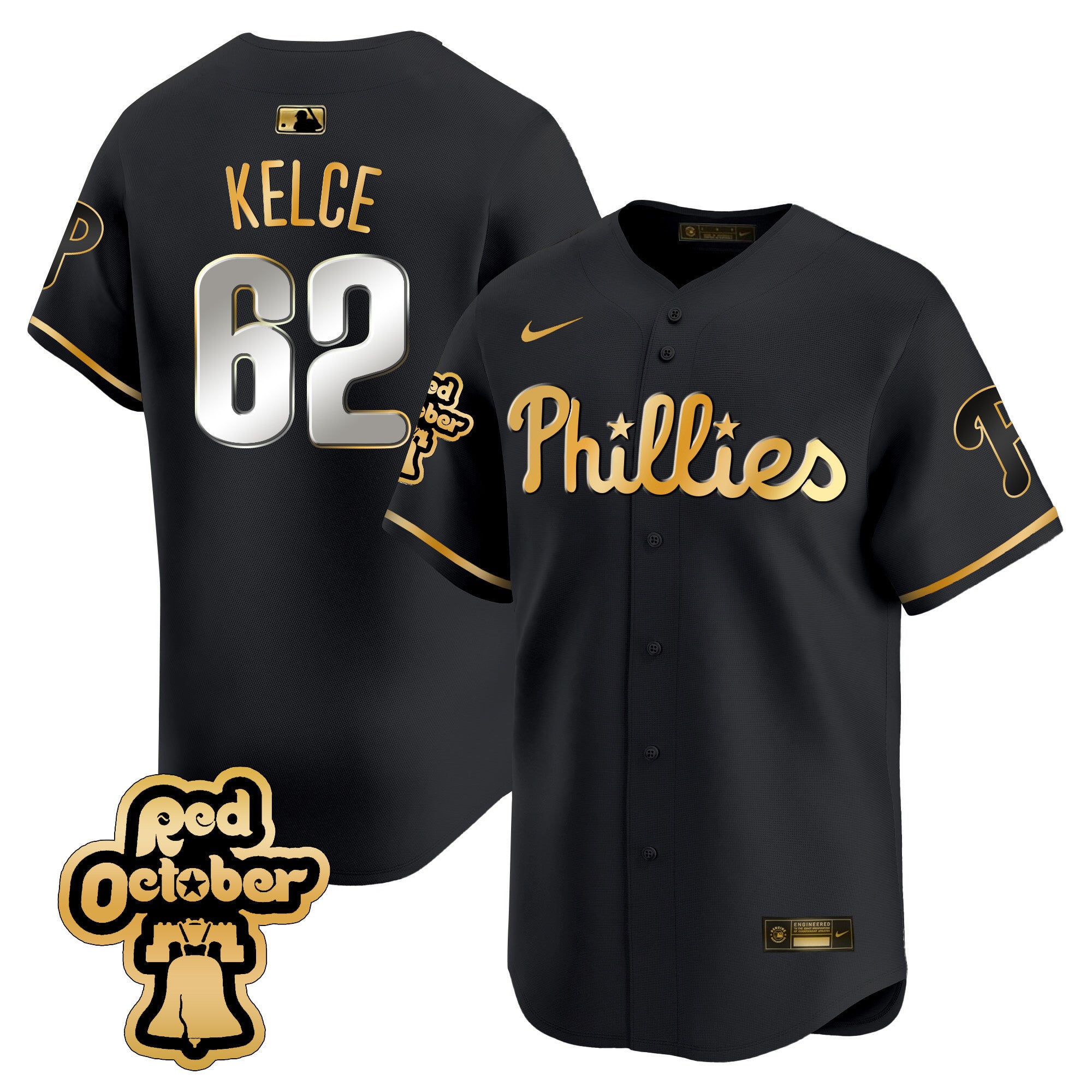 Men's Phillies Red Octorber Patch Vapor Premier Limited Jersey - All Stitched - Black Gold, Jason Kelce
