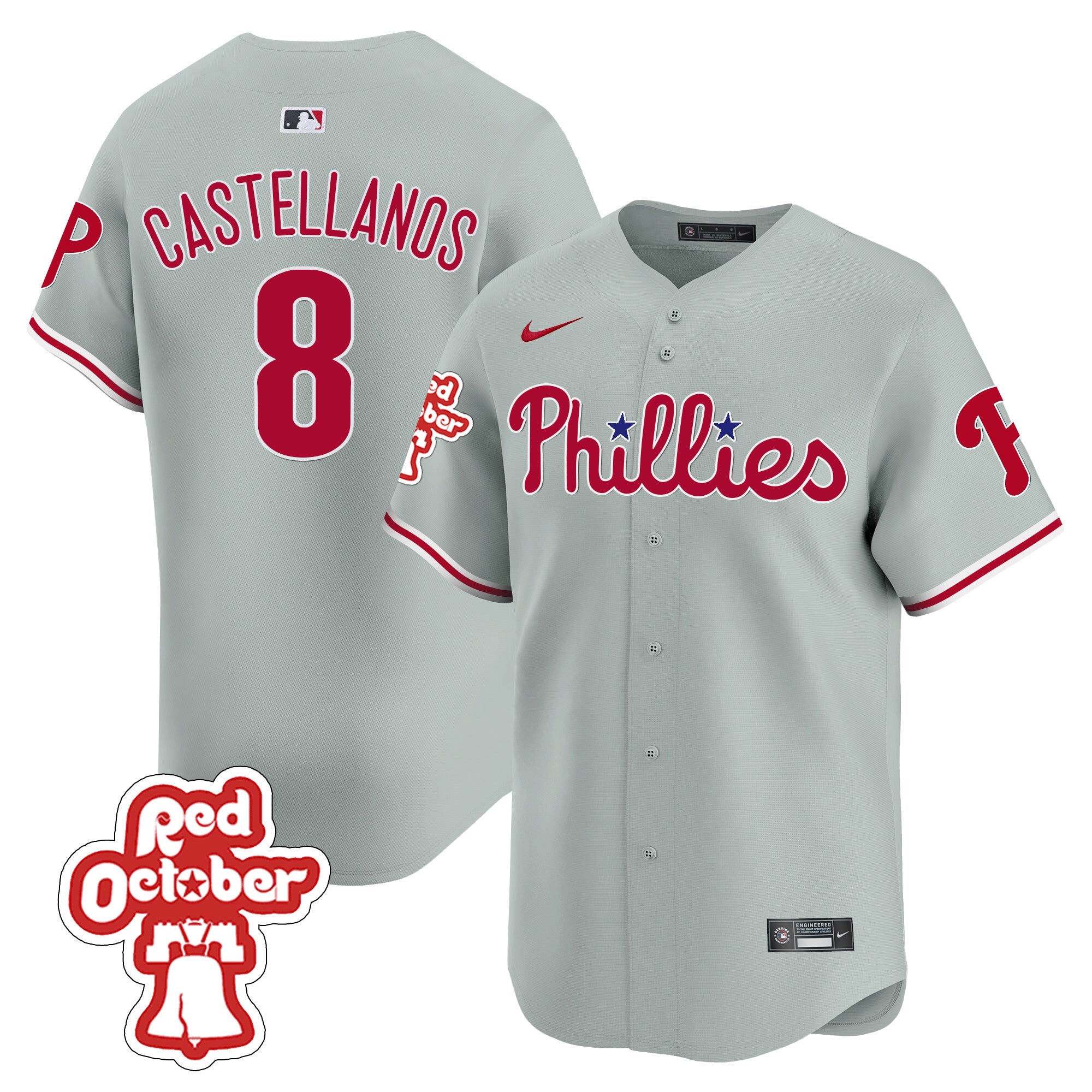 Men's Phillies Red Octorber Patch Vapor Premier Limited Jersey - All Stitched - Gray Road, Nick Castellanos