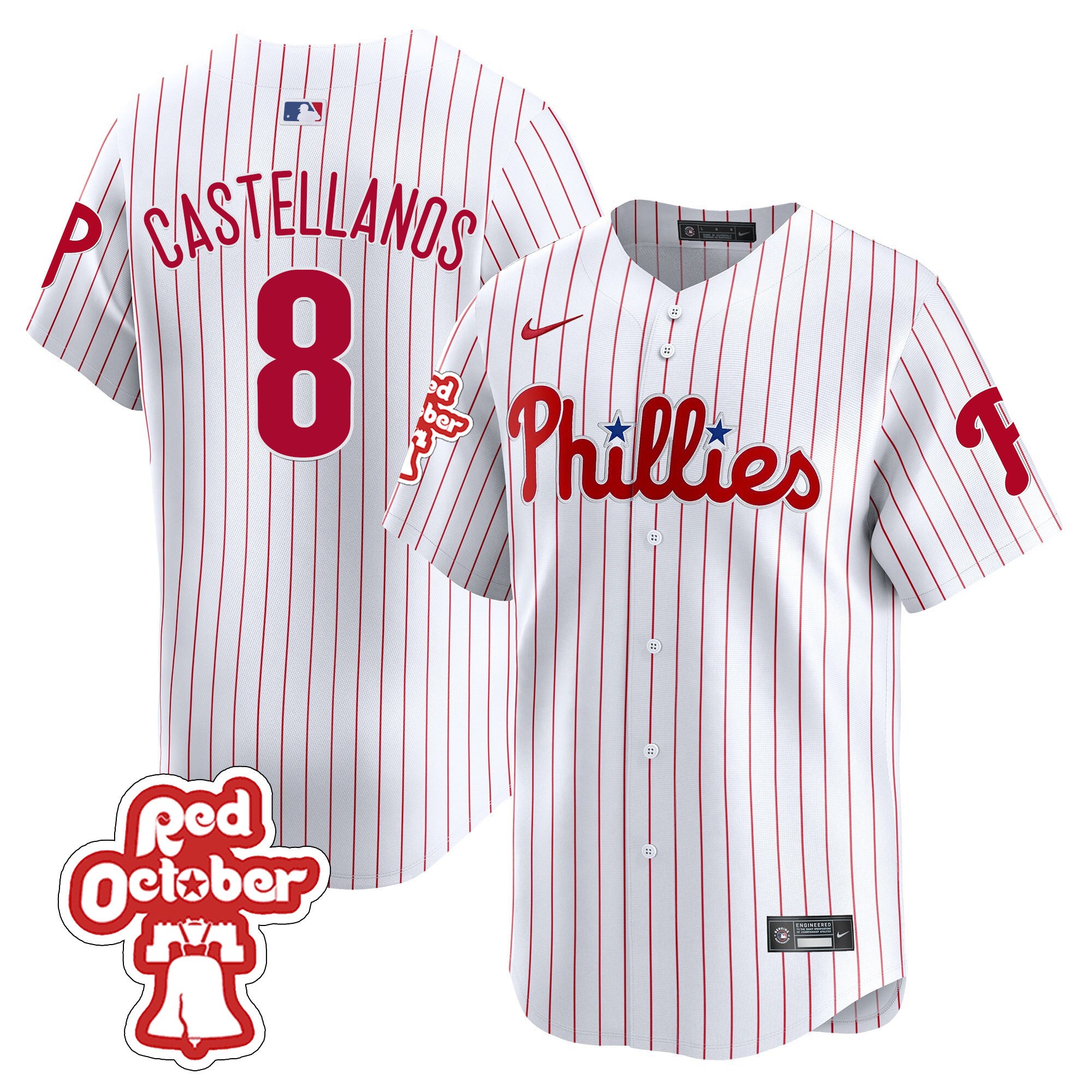 Men's Phillies Red Octorber Patch Vapor Premier Limited Jersey - All Stitched - White, Nick Castellanos