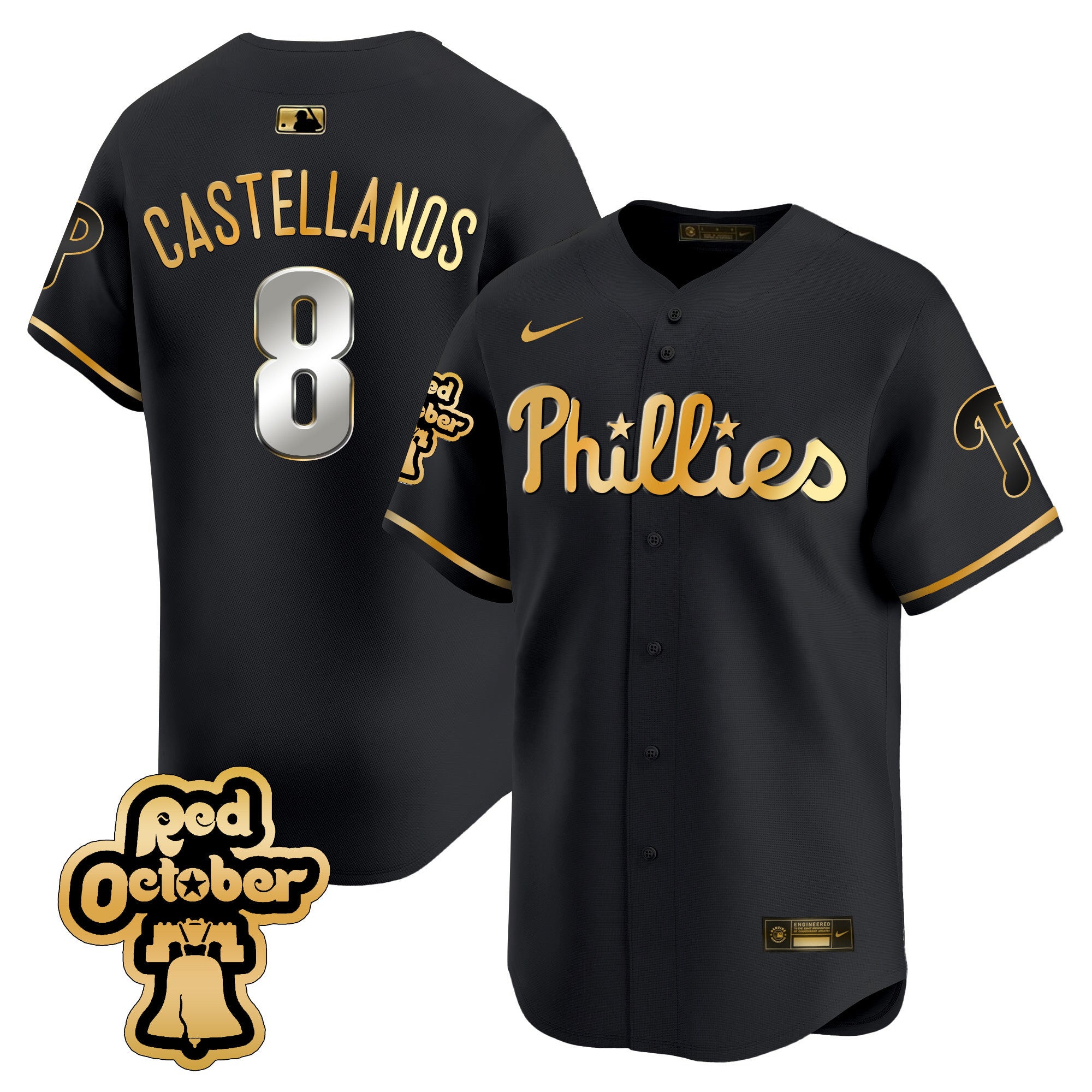 Men's Phillies Red Octorber Patch Vapor Premier Limited Jersey - All Stitched - Black Gold, Nick Castellanos