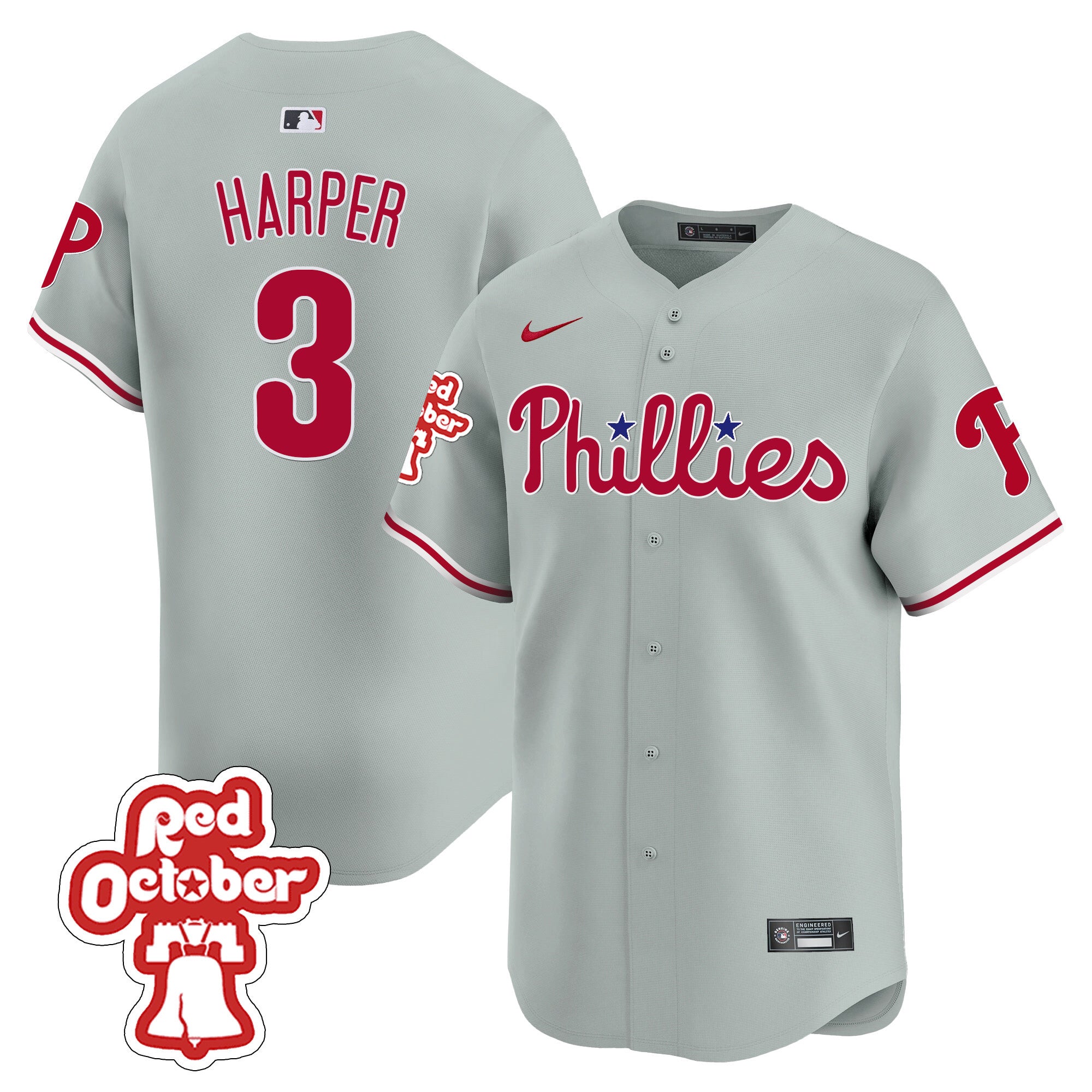 Men's Phillies Red Octorber Patch Vapor Premier Limited Jersey - All Stitched - Gray Road, Bryce Harper