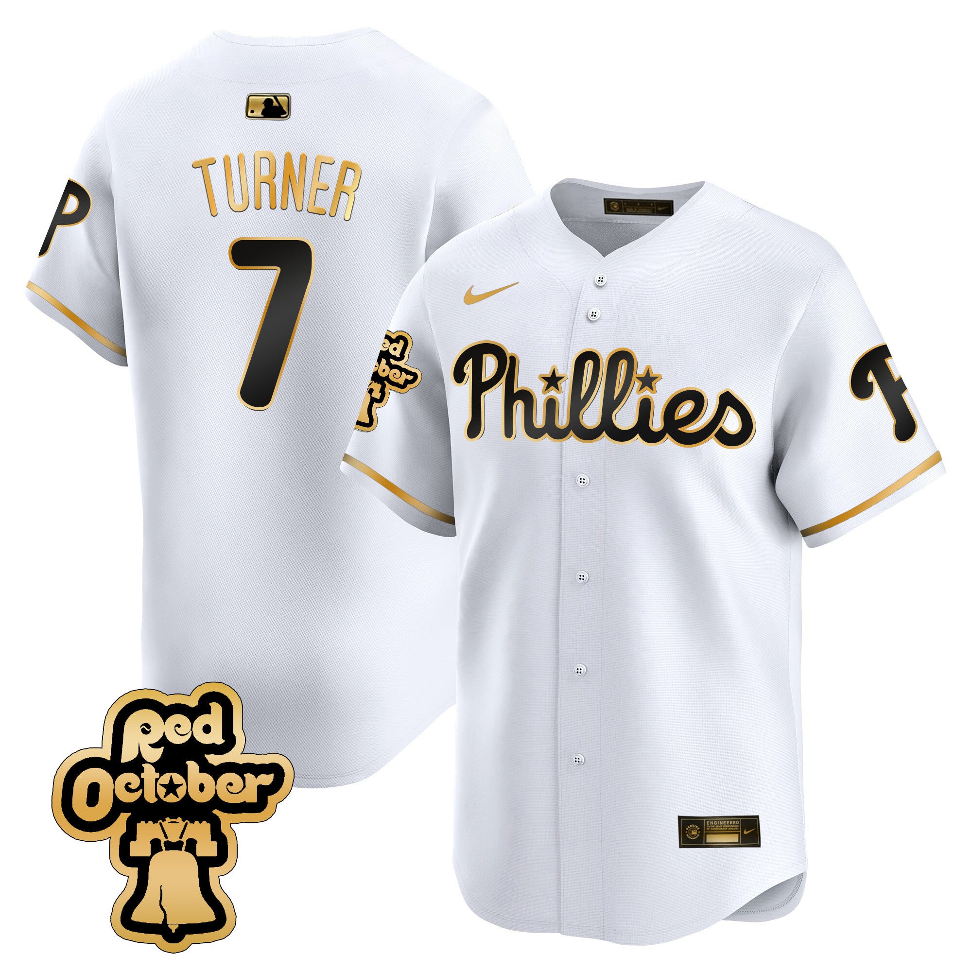 Men's Phillies Red Octorber Patch Vapor Premier Limited Jersey - All Stitched - White Gold, Trea Turner