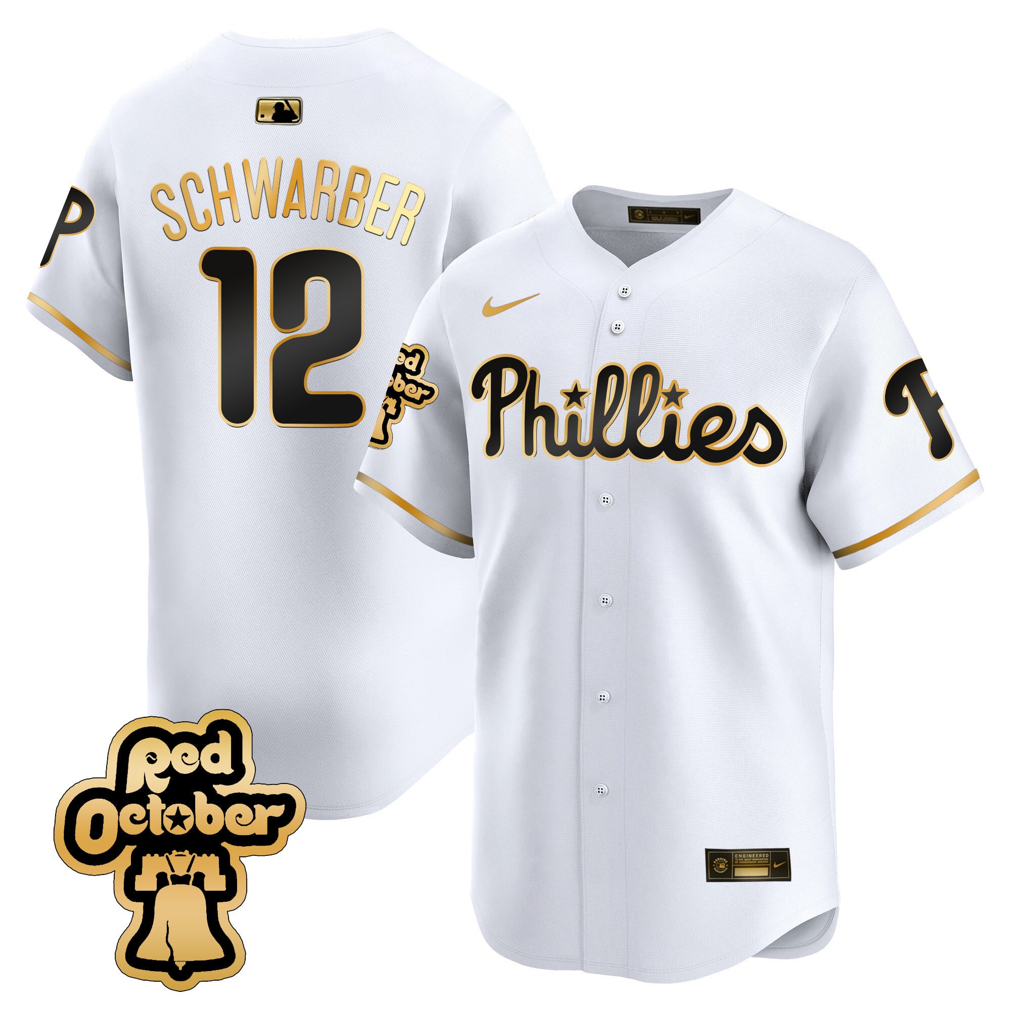 Men's Phillies Red Octorber Patch Vapor Premier Limited Jersey - All Stitched - White Gold, Kyle Schwarber