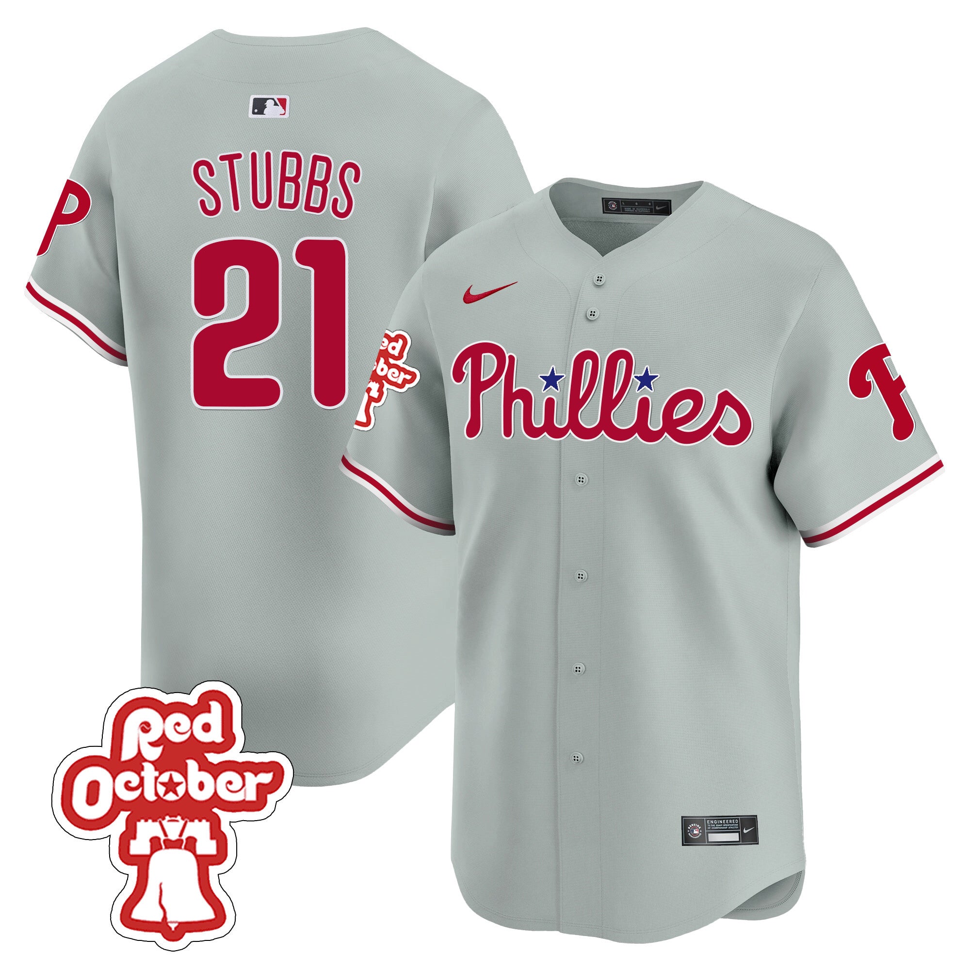 Men's Phillies Red Octorber Patch Vapor Premier Limited Jersey - All Stitched - Gray Road, Garrett Stubbs