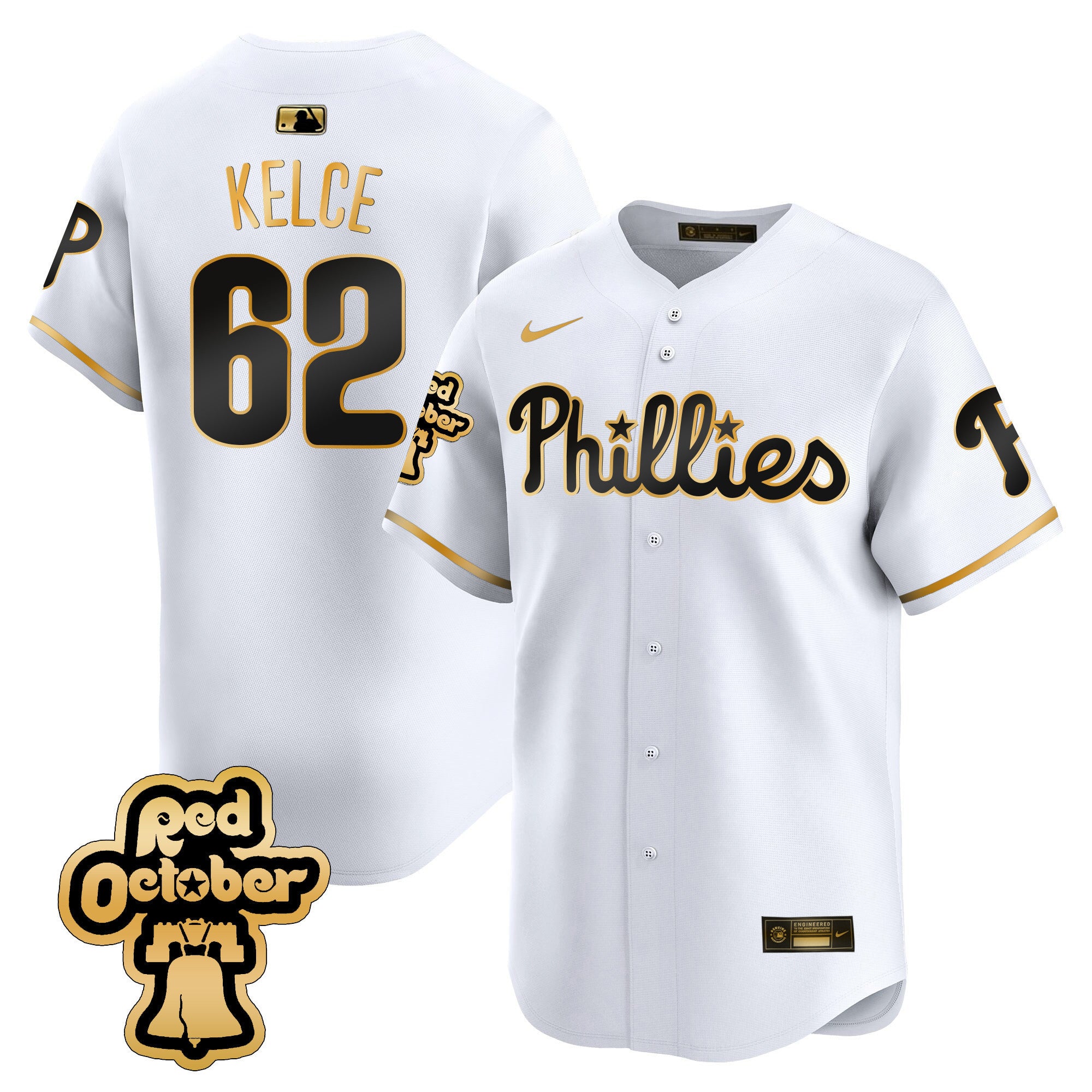 Men's Phillies Red Octorber Patch Vapor Premier Limited Jersey - All Stitched - White Gold, Jason Kelce