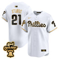 Men's Phillies Red Octorber Patch Vapor Premier Limited Jersey - All Stitched - White Gold, Garrett Stubbs