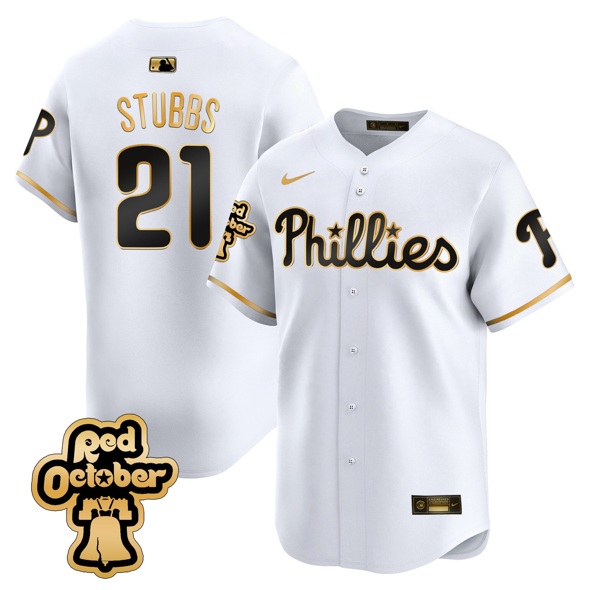 Men's Phillies Red Octorber Patch Vapor Premier Limited Jersey - All Stitched - White Gold, Garrett Stubbs