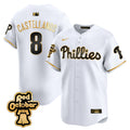 Men's Phillies Red Octorber Patch Vapor Premier Limited Jersey - All Stitched - White Gold, Nick Castellanos