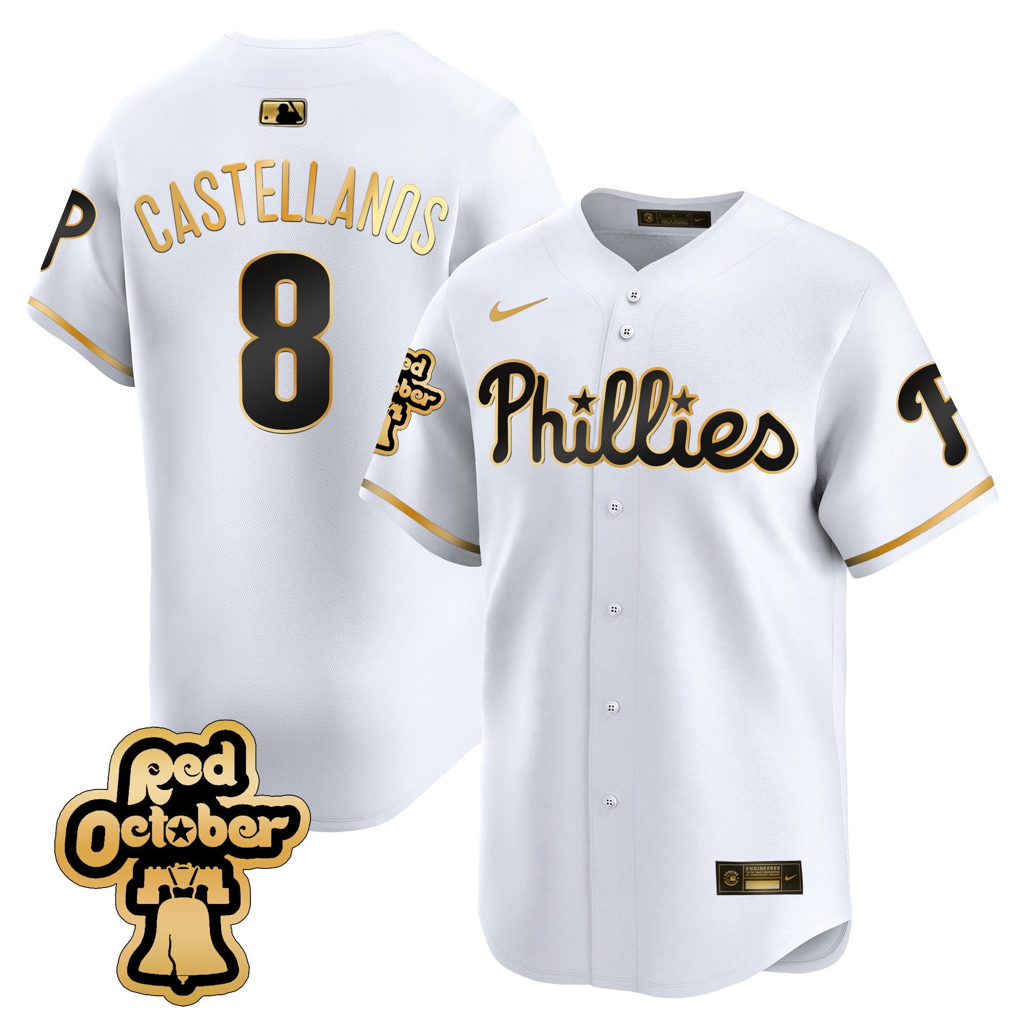 Men's Phillies Red Octorber Patch Vapor Premier Limited Jersey - All Stitched - White Gold, Nick Castellanos